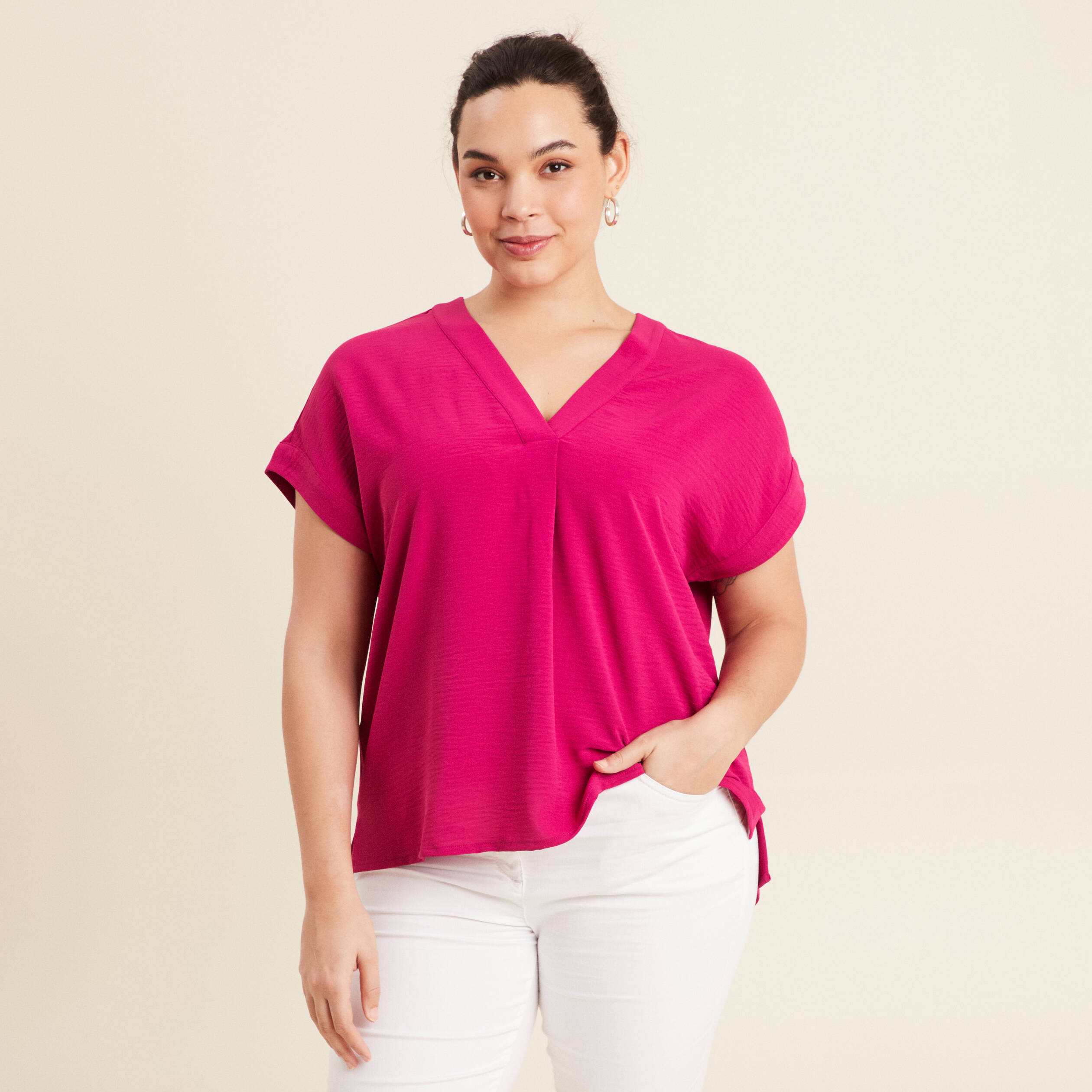 Blouse manches courtes rose fushia femme