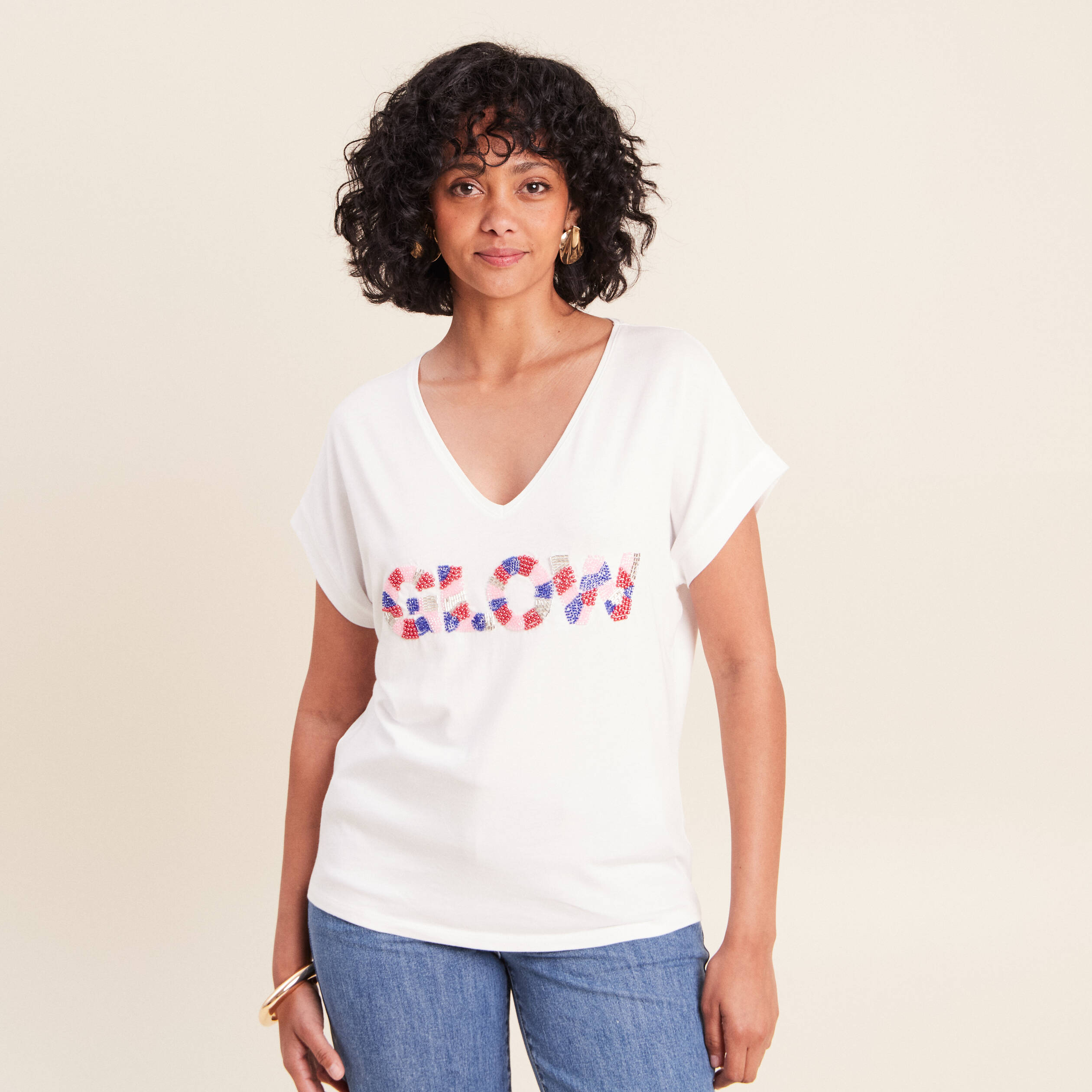 T-shirt col v manches courtes ecru femme