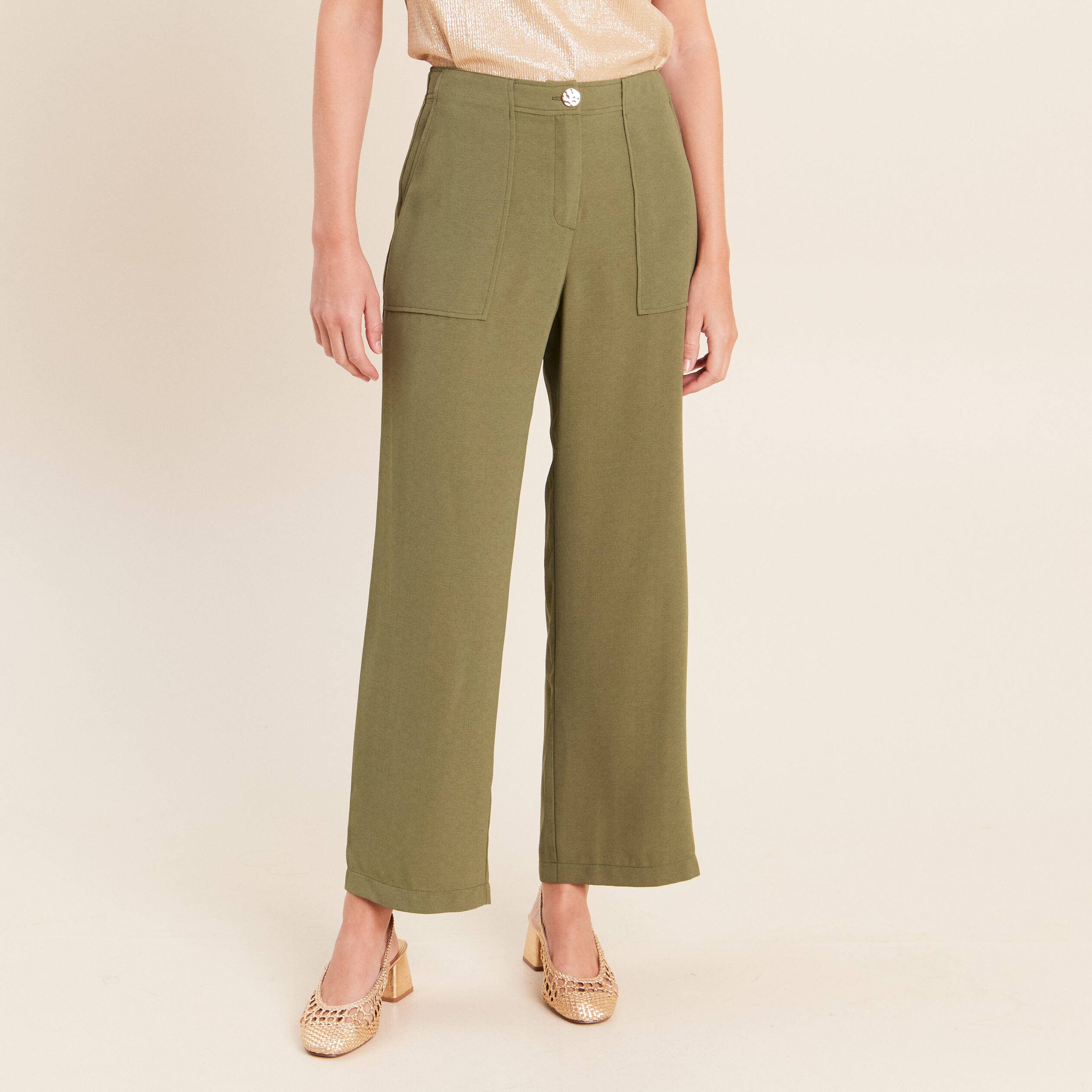 Pantalon large 7/8&egrave;me taille haute vert kaki femme