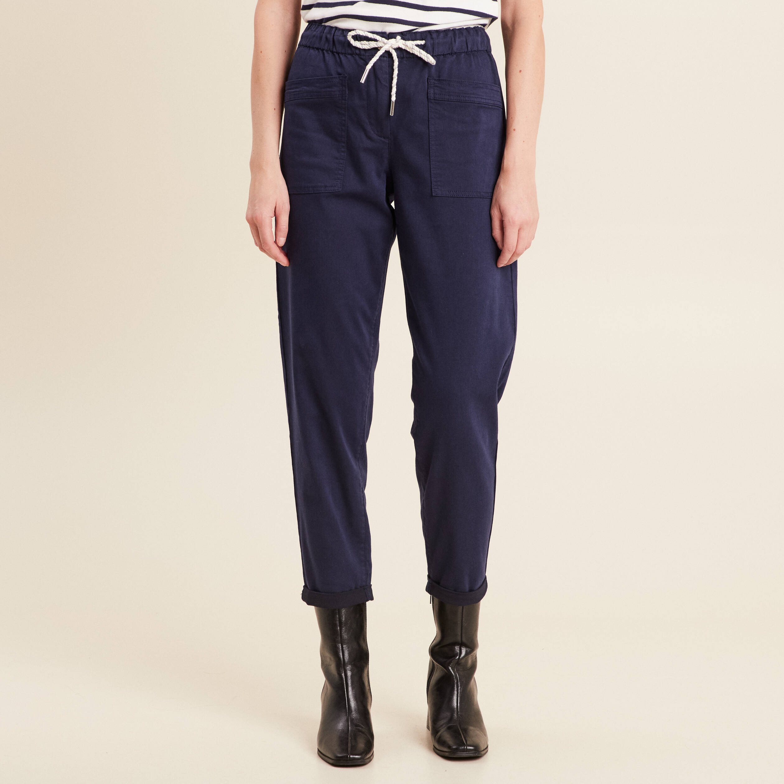 Pantalon coupe droite à coulisse bleu marine femme