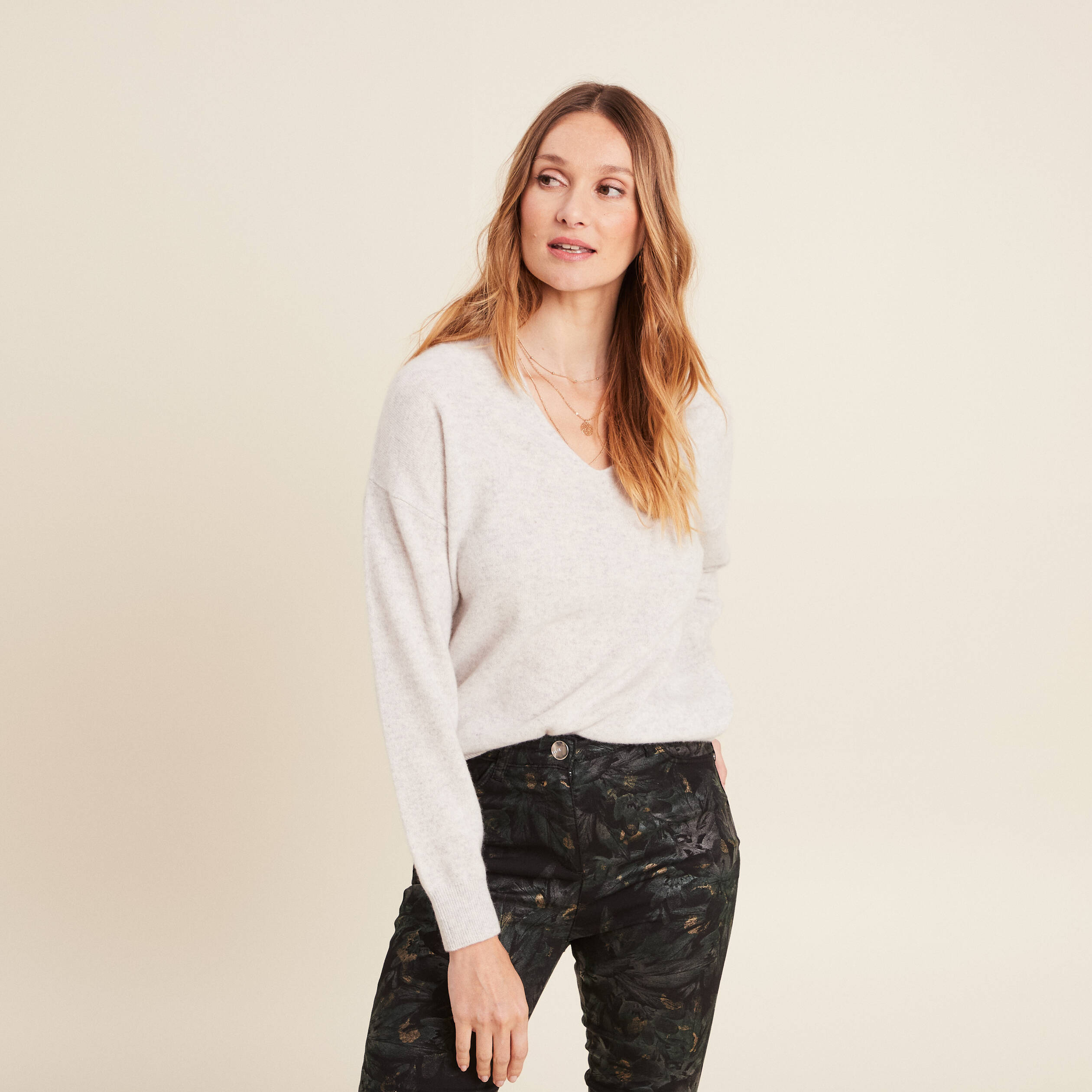 Pull en cachemire manches longues gris clair femme