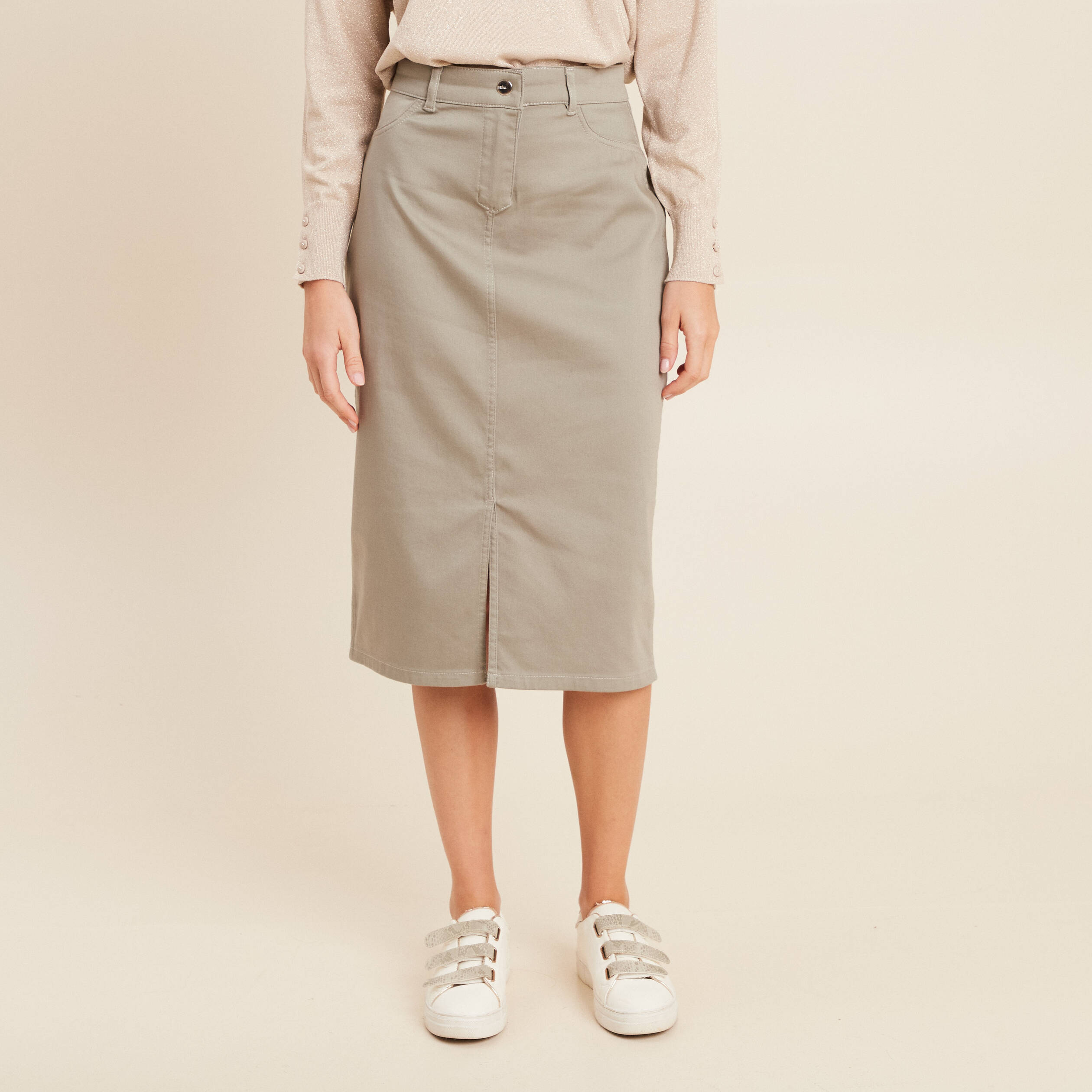 Jupe trapèze réversible longueur genou vert olive femme Bréal