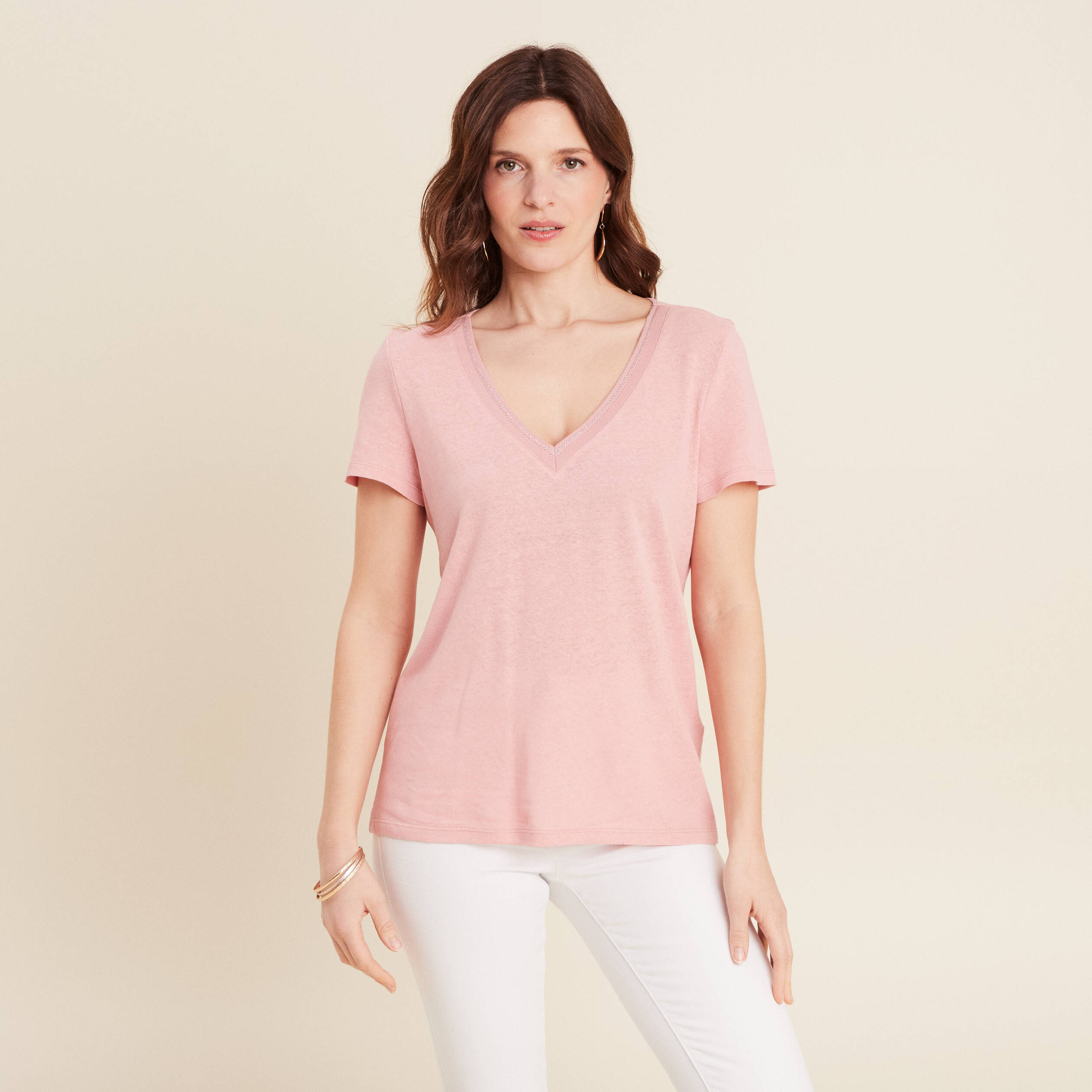 T-shirt manches courtes col en V vieux rose femme
