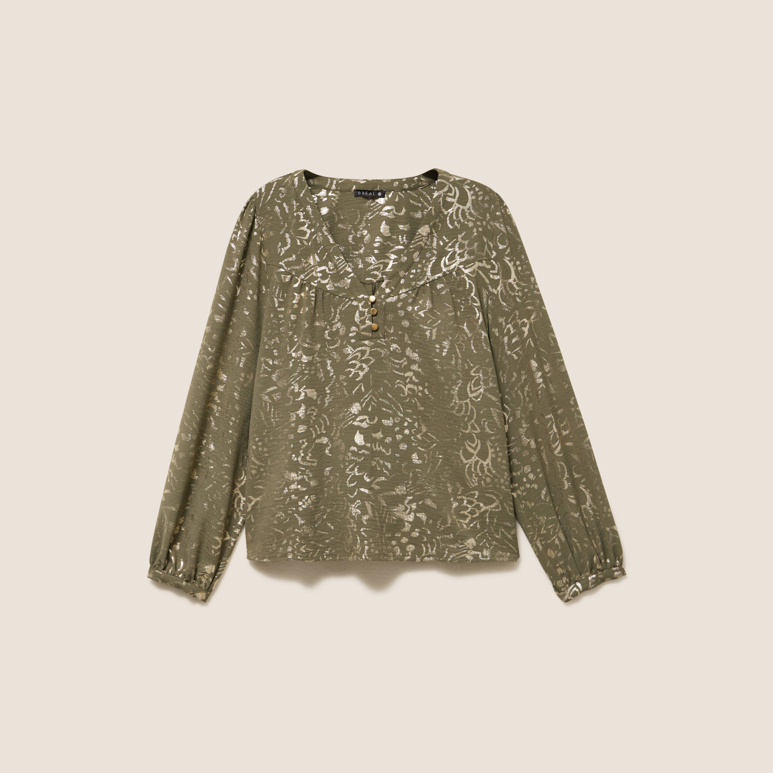 Blouse ample col v manches longues vert kaki femme