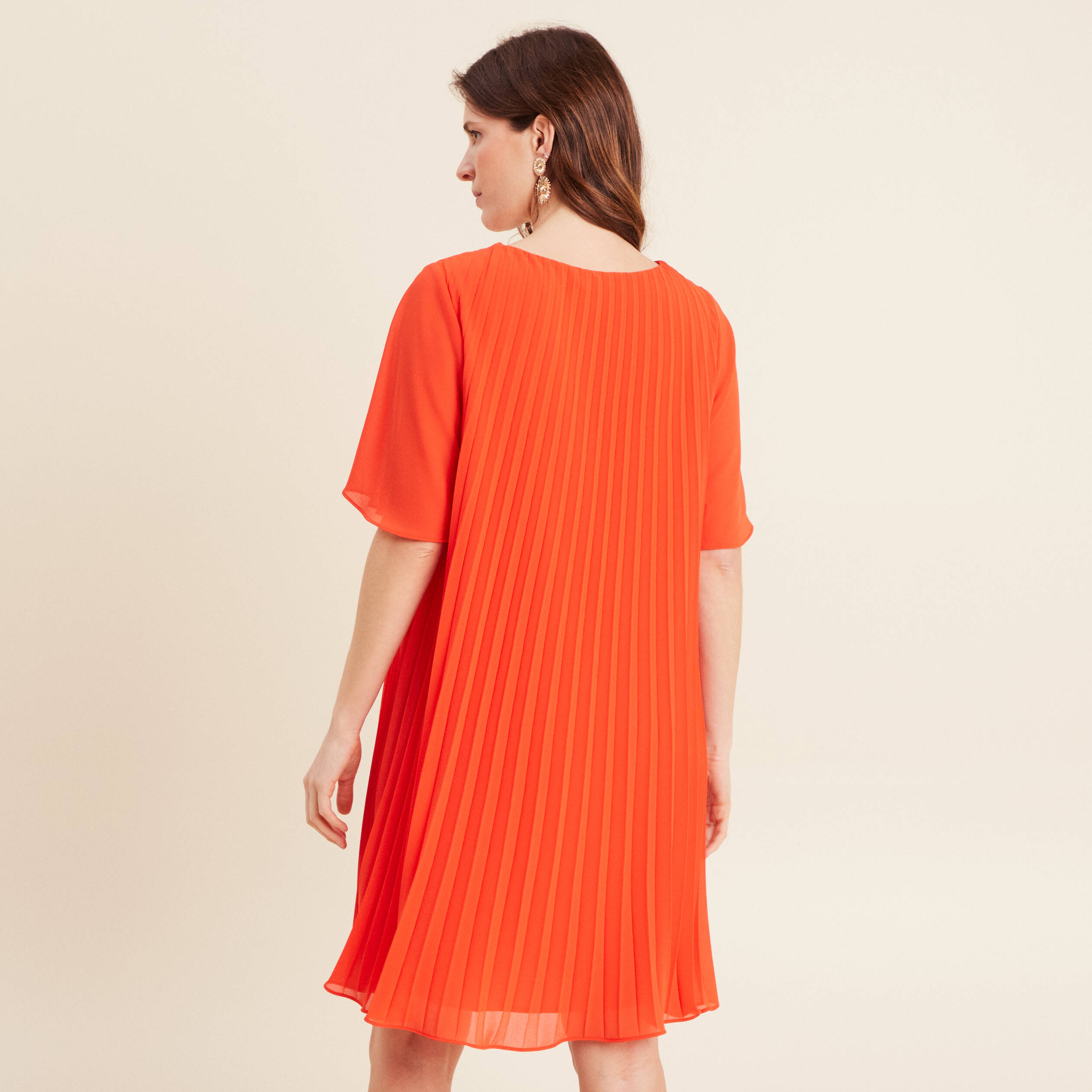 Robe droite plissée orange foncé femme