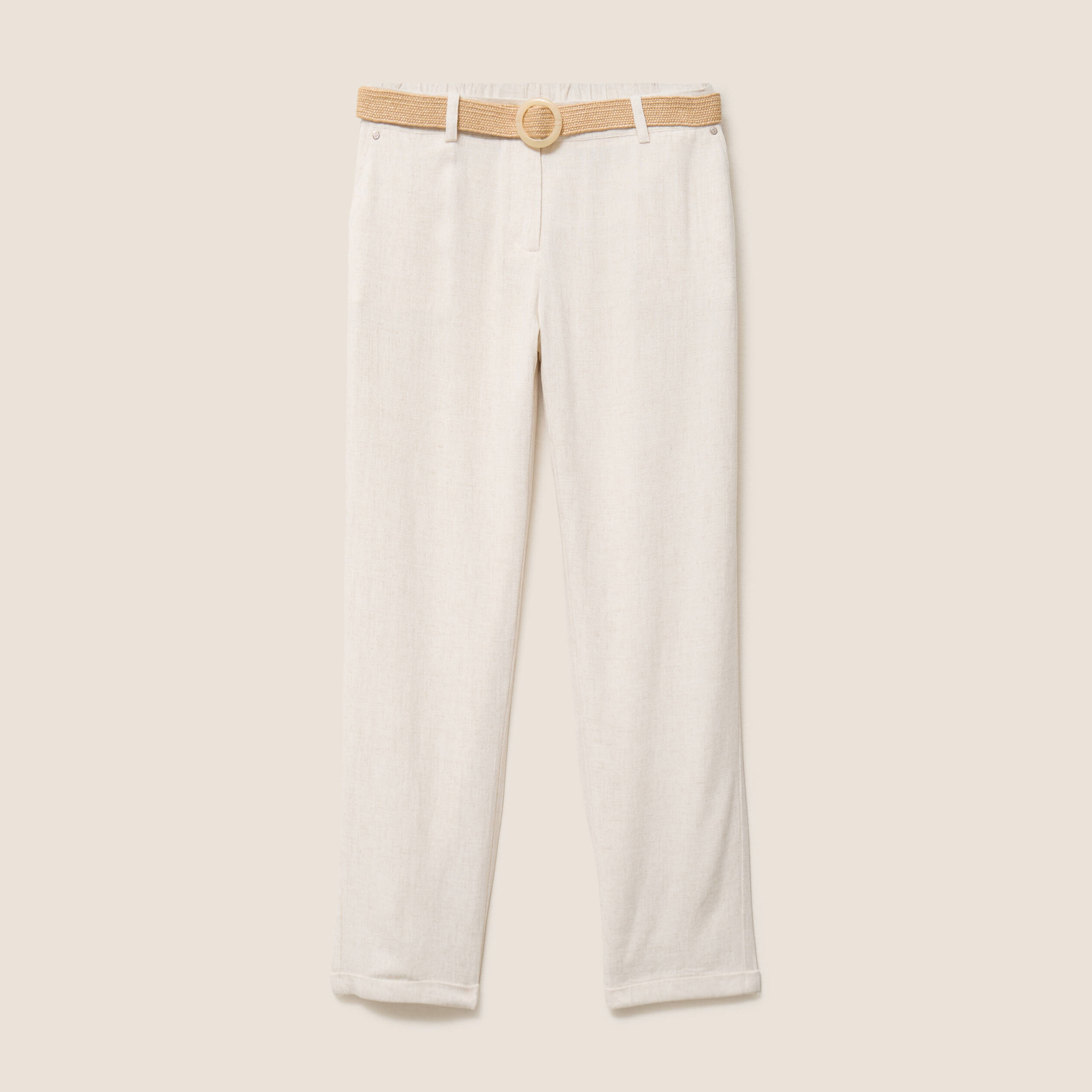 Pantalon large 7/8&egrave;me taille bascul&eacute;e beige femme