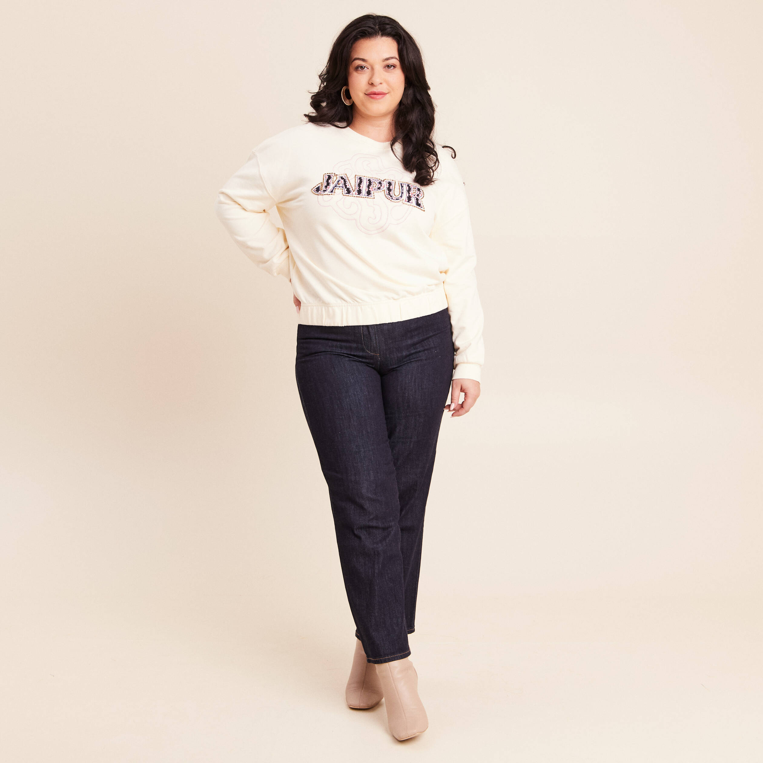 Sweat Ample Femme Moony – Beige, Col Rond, Manches Longues, Taille M