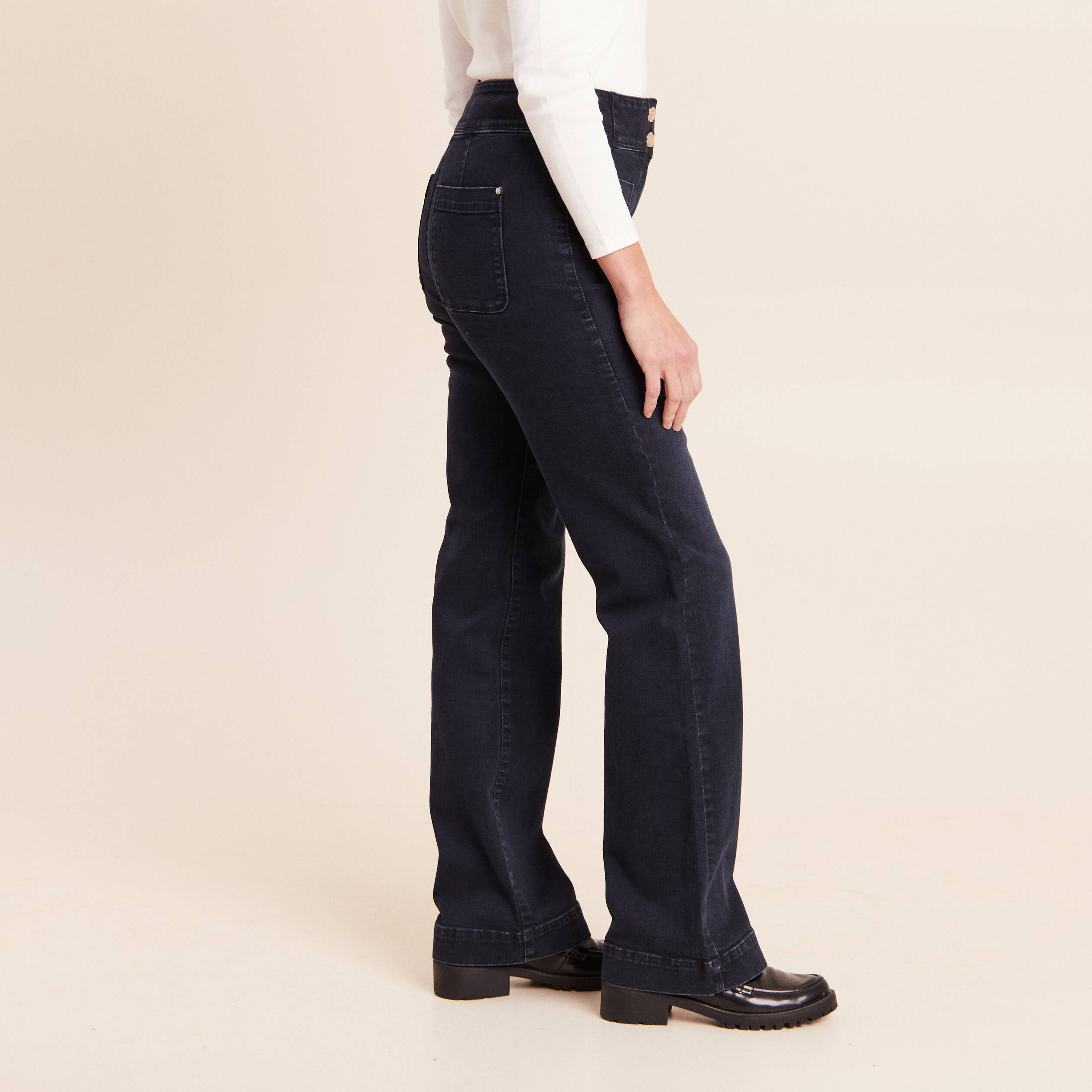 Jean coupe bootcut taille haute denim blue black femme