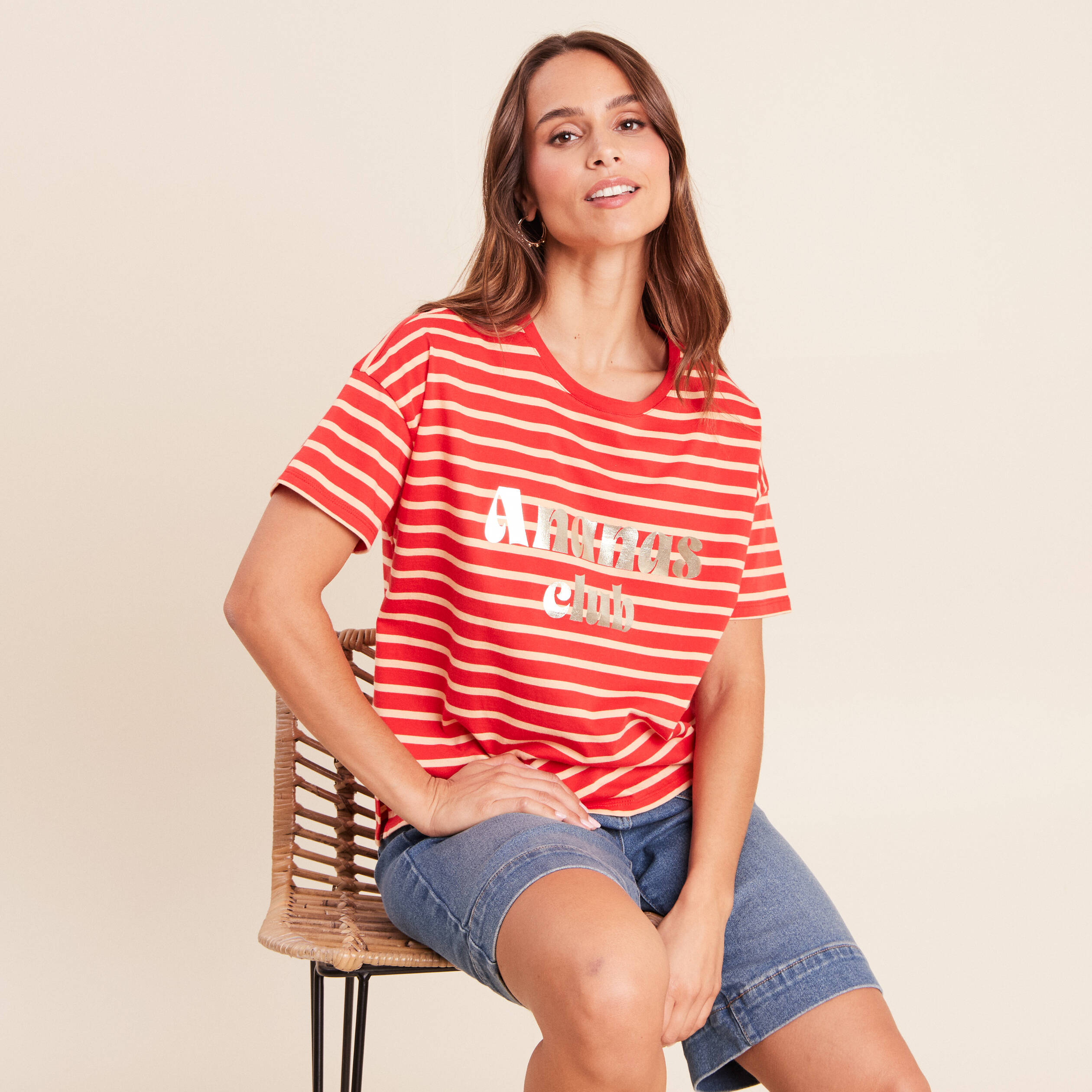 T-shirt col rond manches courtes rose femme