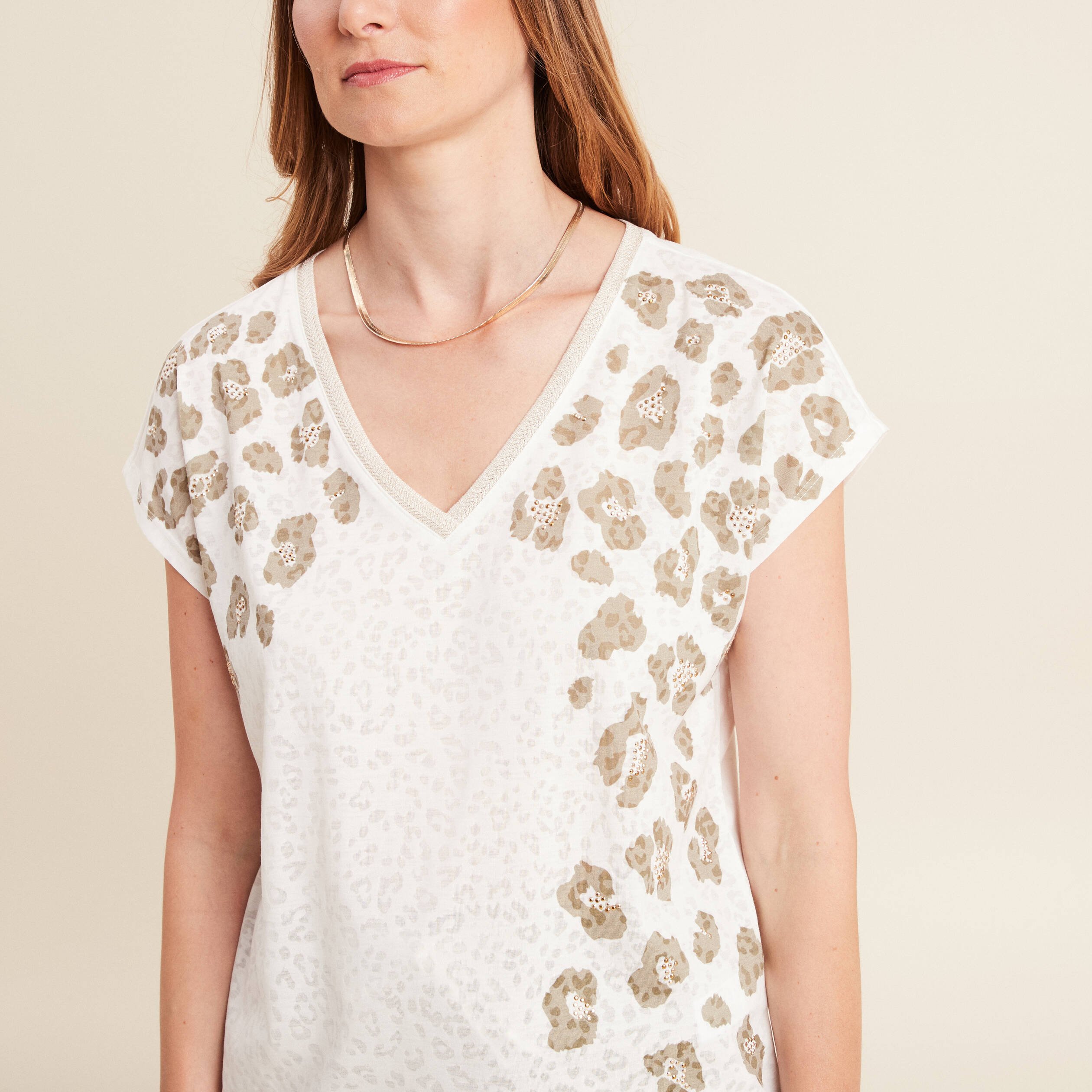 t shirt droit col v manches courtes ecru femme T-shirt droit col V manches courtes ecru femme