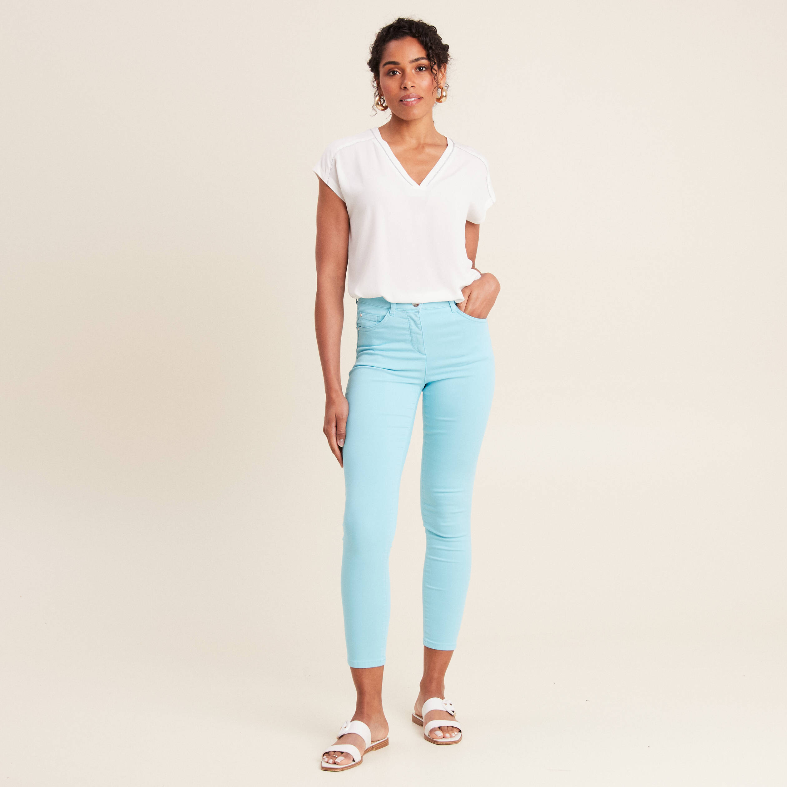Pantalon léger taille standard 7/8ème bleu femme