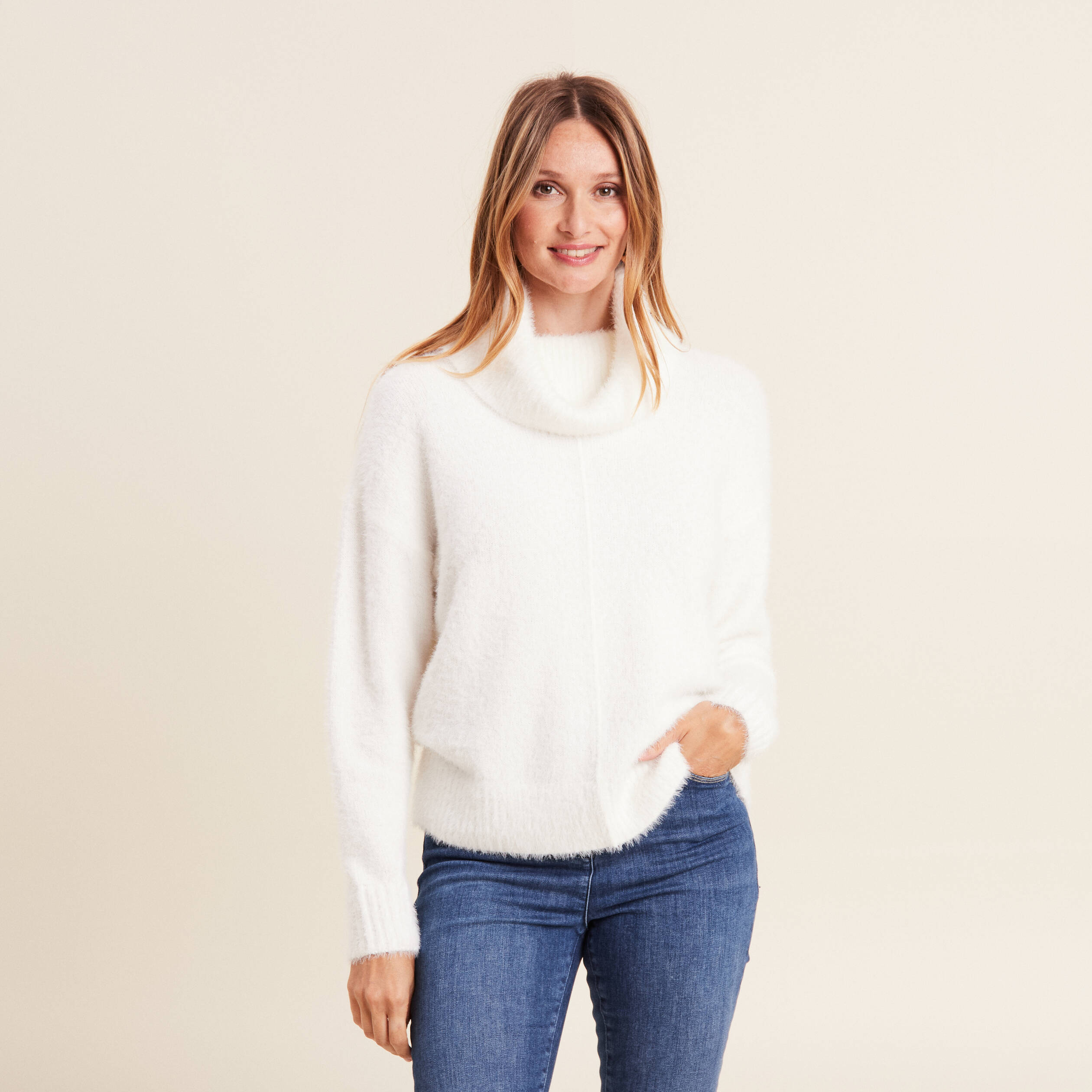 Pull Blanc écru Pour Femme Taille L - Modèle "Emma", Col Original, Occasion Très Bon état