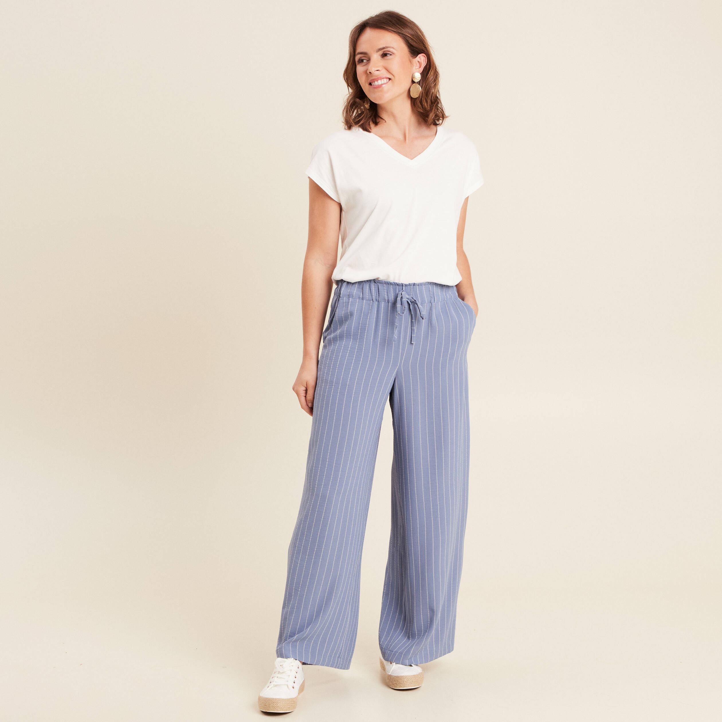 Pantalon large taille haute bleu ciel femme