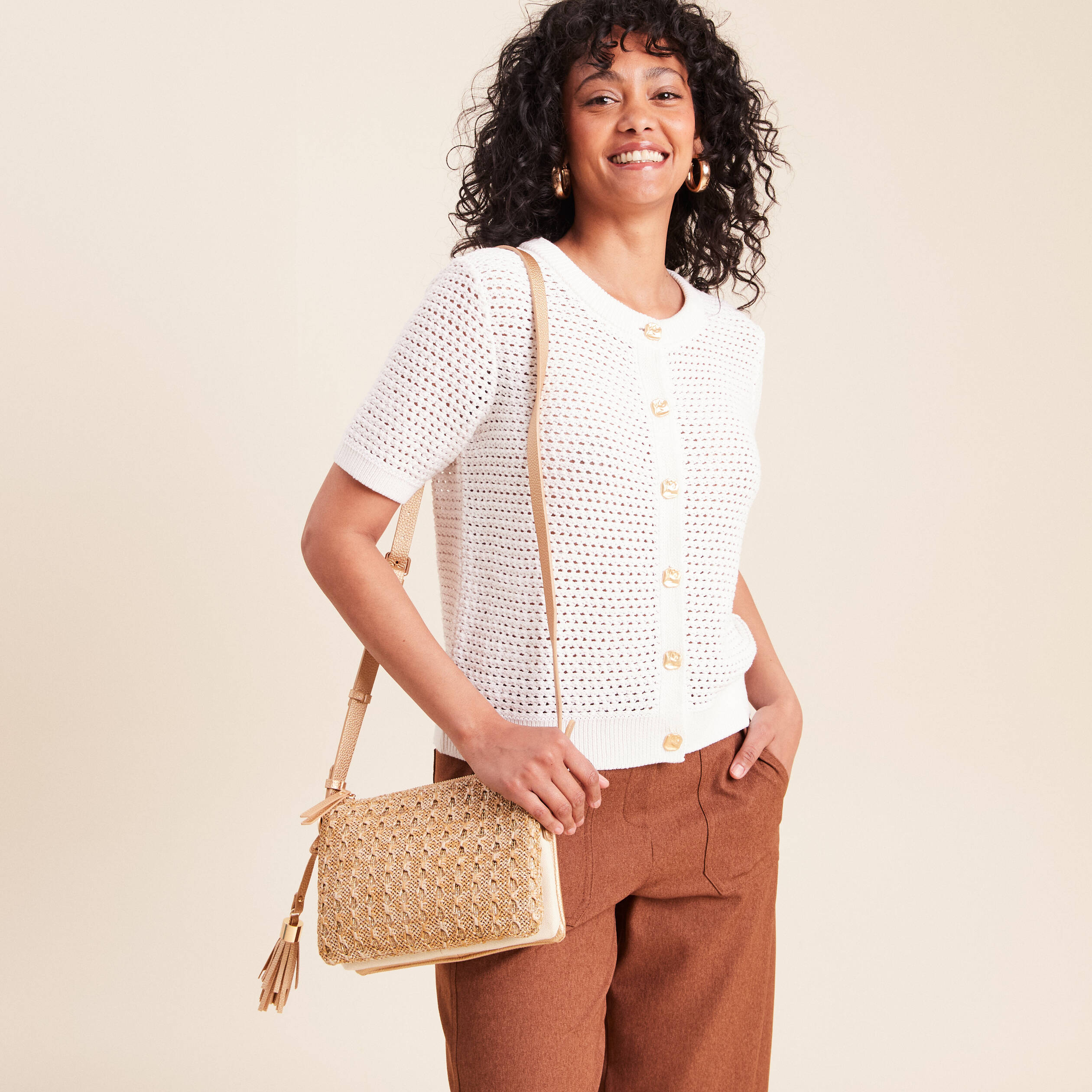 Sac pochette tress&eacute; ecru femme