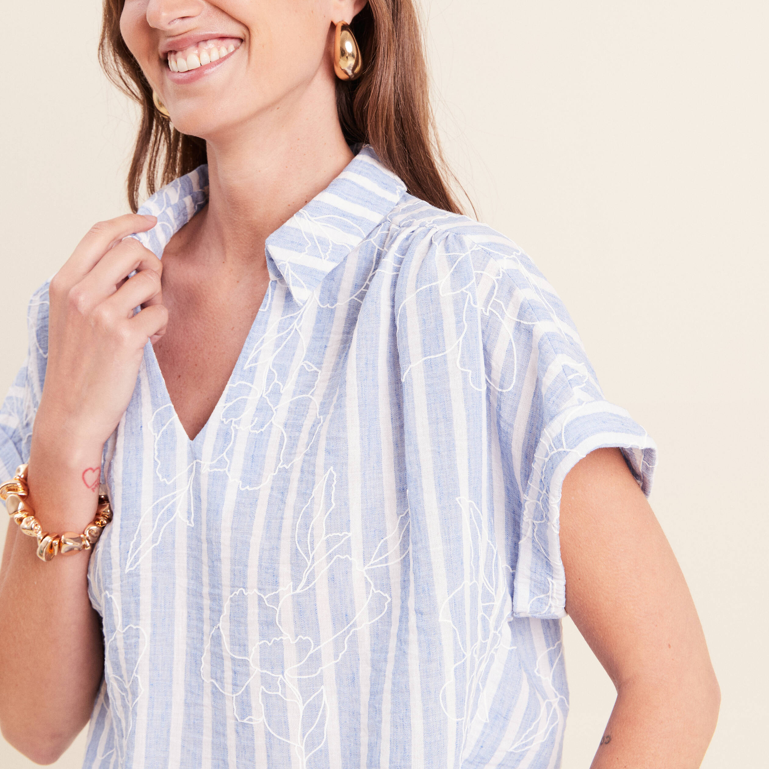 Blouse ample col chemise manches courtes bleu femme