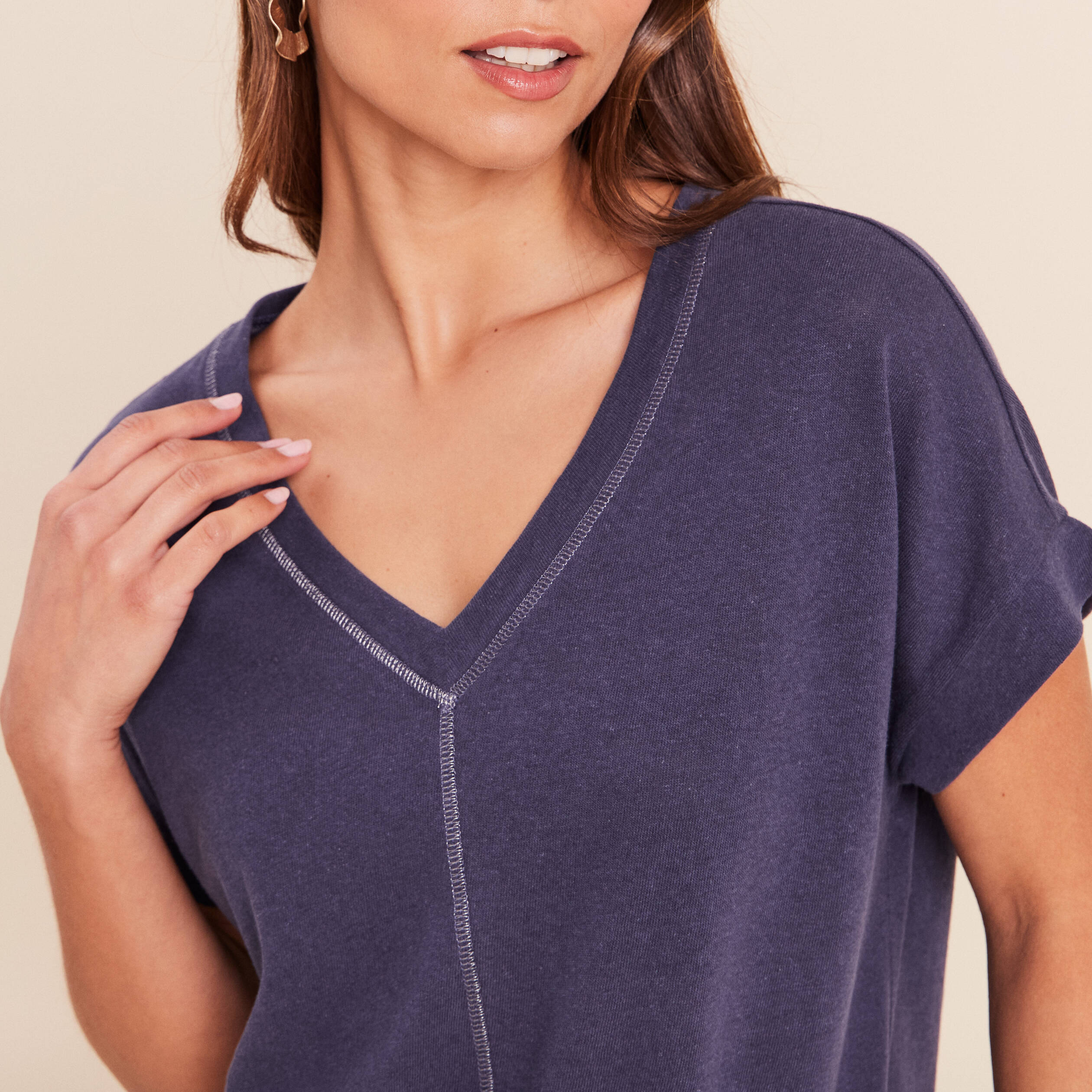 T-shirt droit cropped manches courtes bleu marine femme