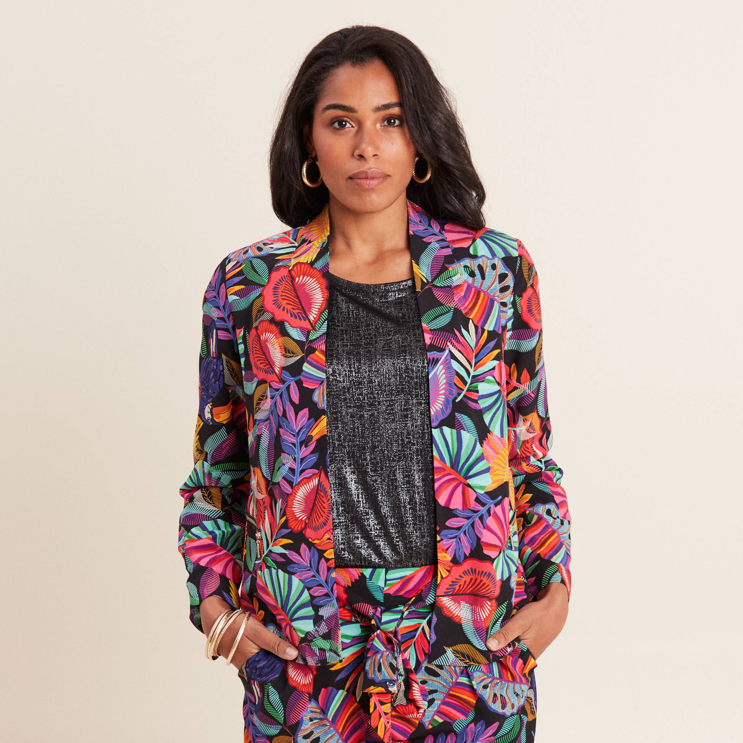 Blazer Veste Courte Multicolore Femme Veste Droite Col Châle