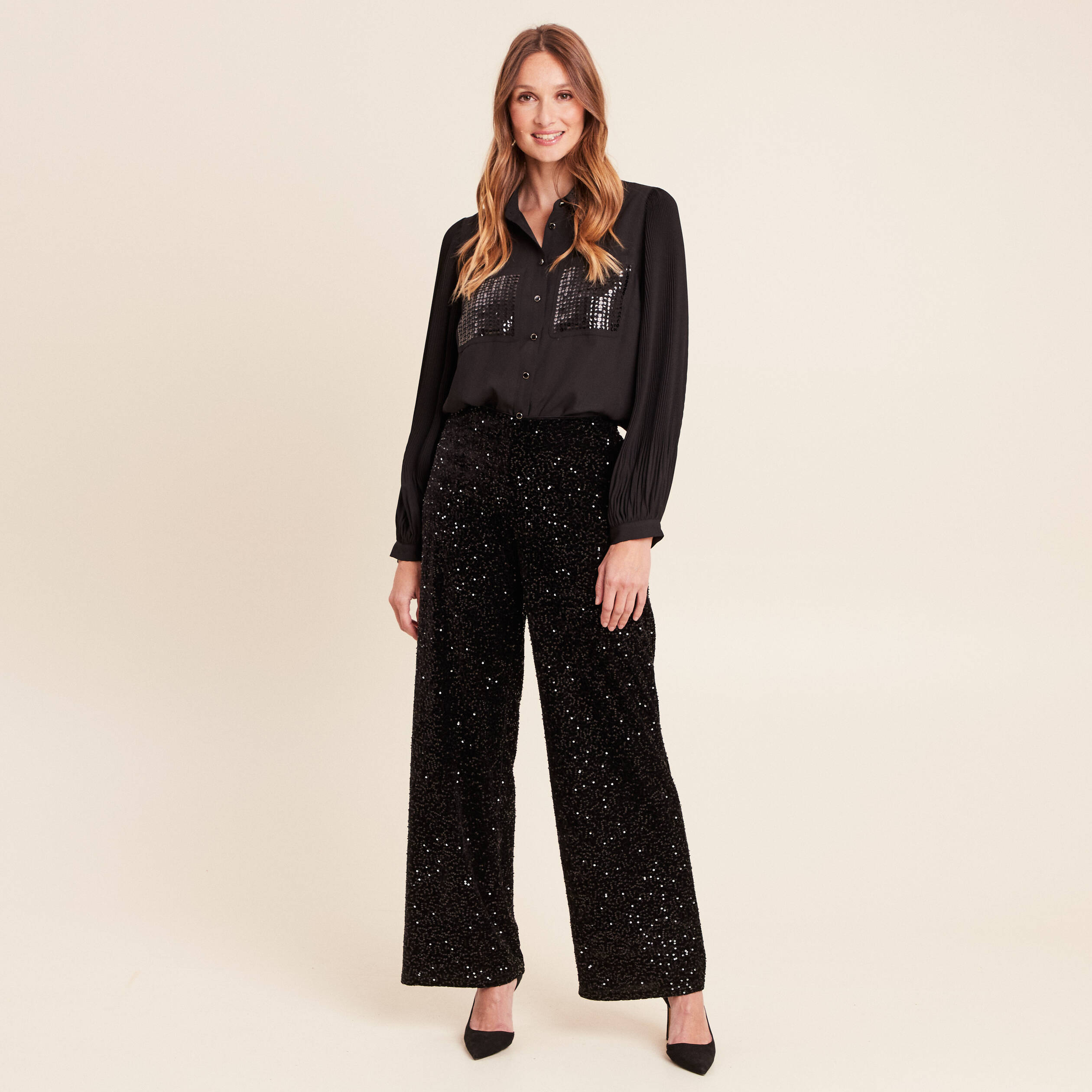 Chemise fluide &agrave; sequins manches longues noir femme