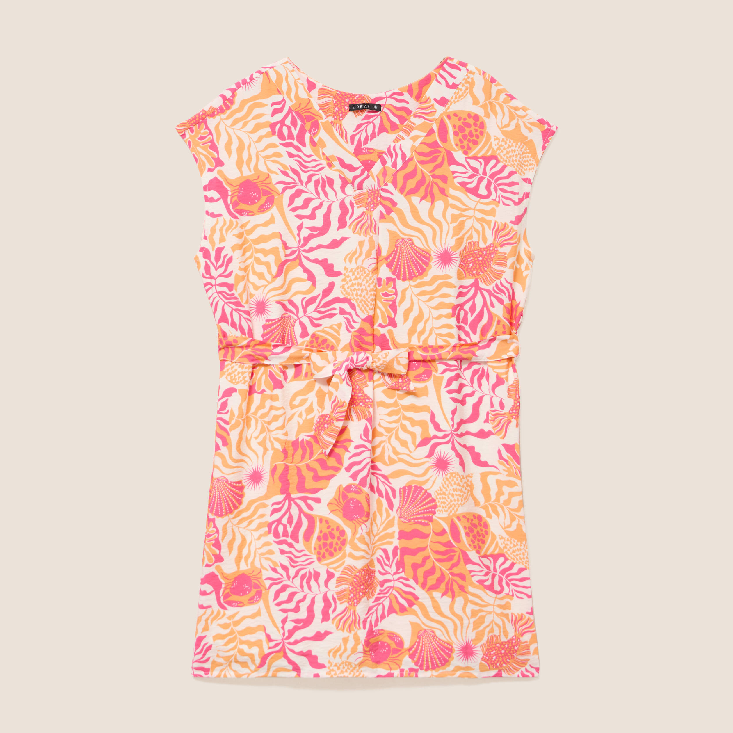 Robe droite courte col v manches courtes rose corail femme