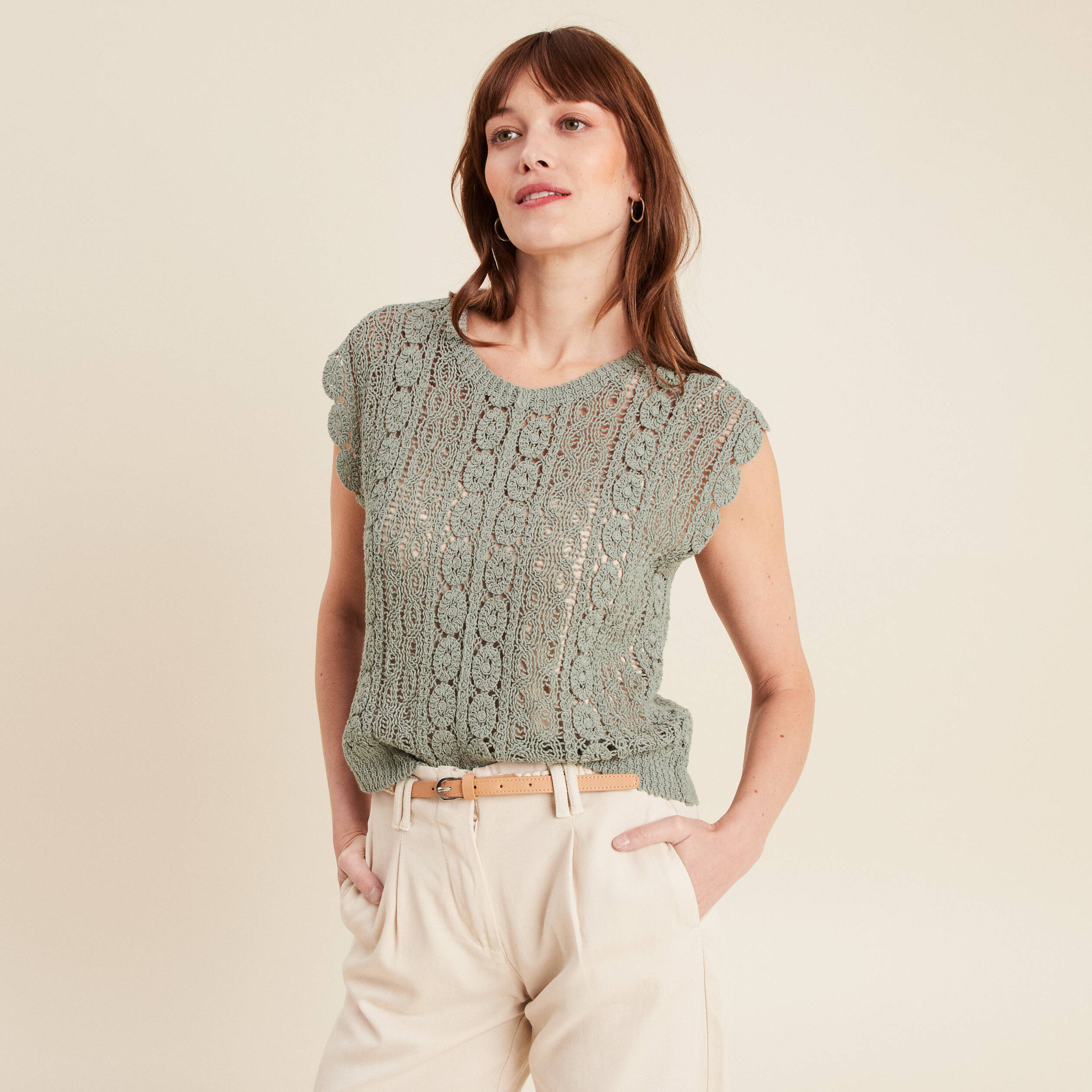 Débardeur macramé vert clair femme