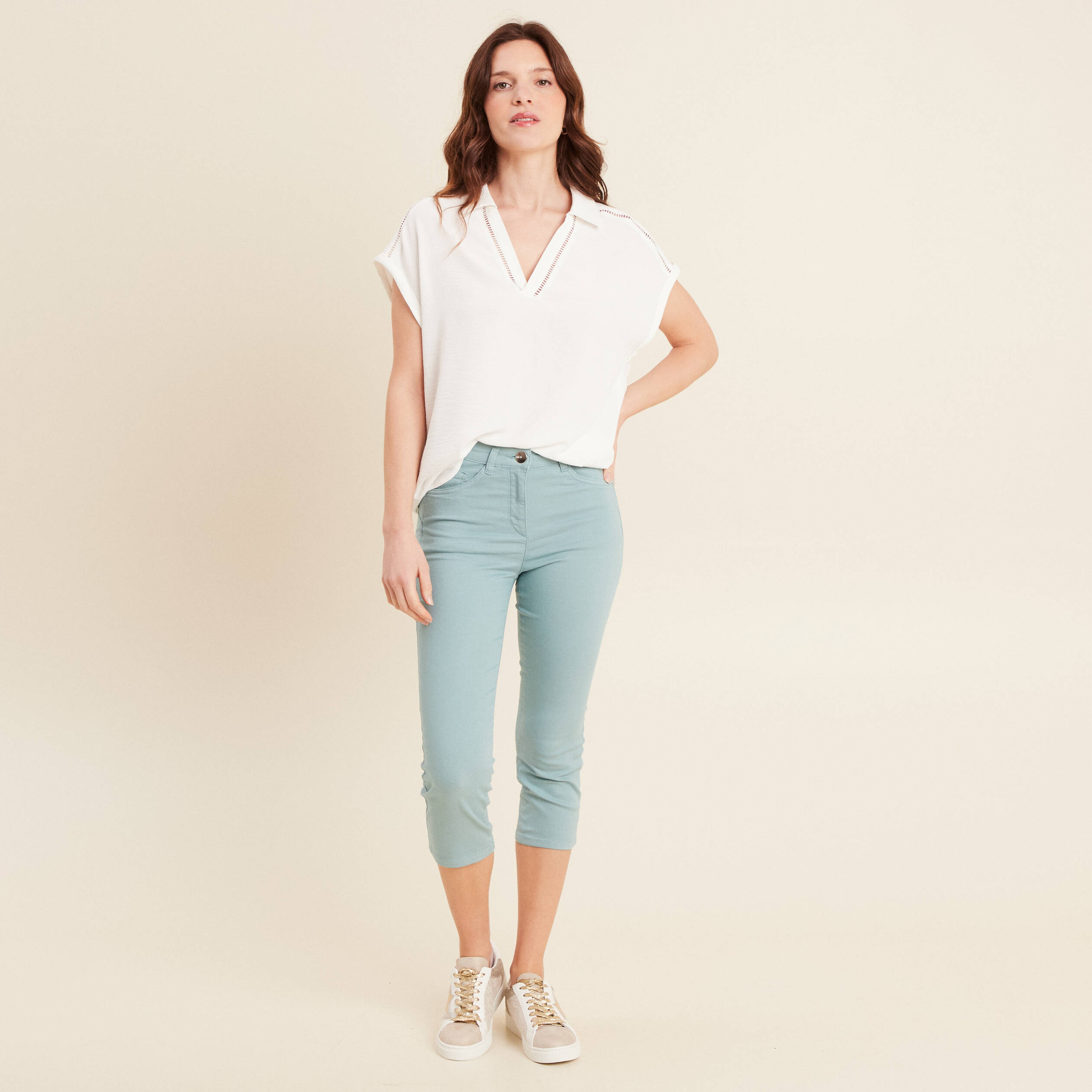 Pantacourt droit taille standard bleu canard femme