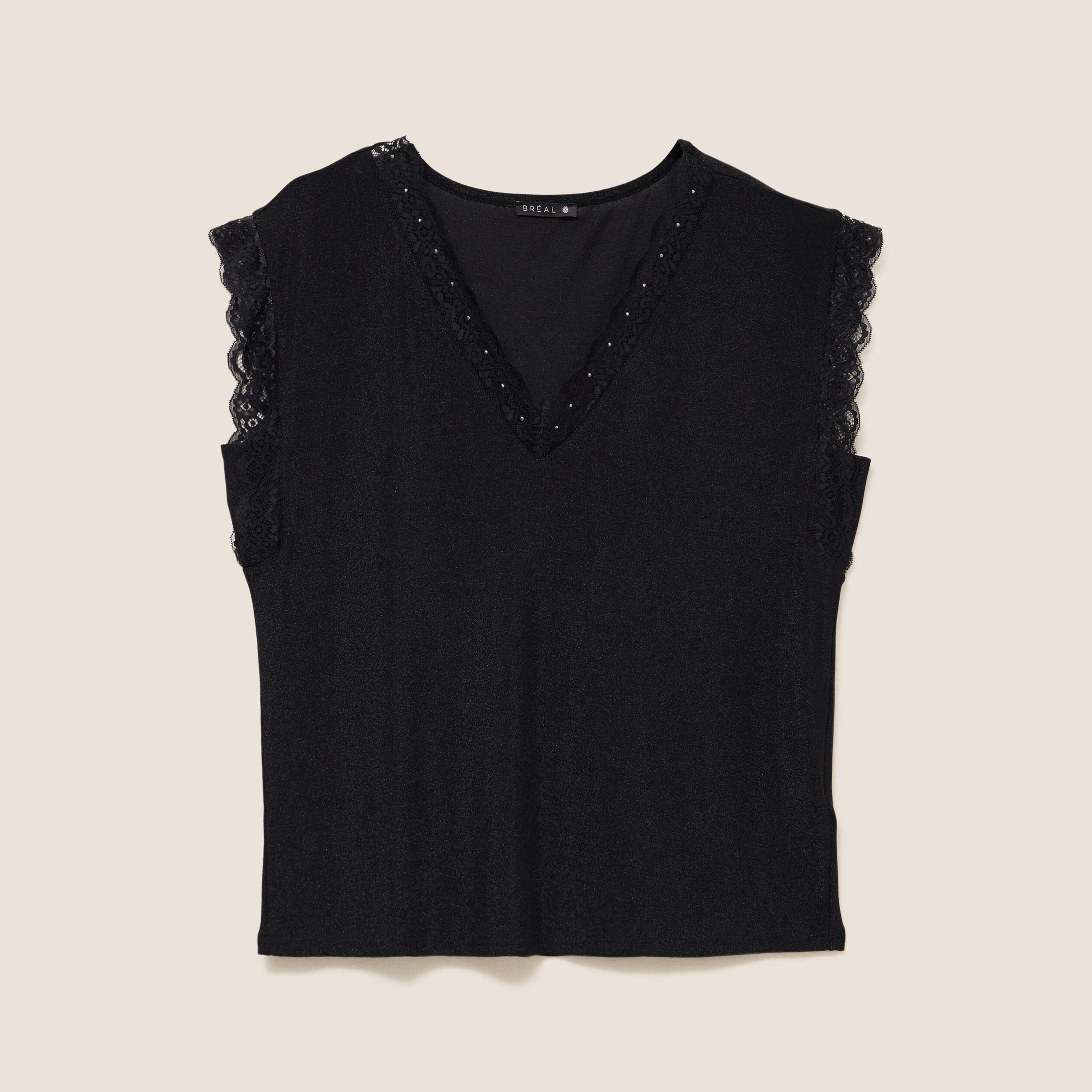 T-shirt col v, manches courtes, détail macramé noir Anne Weyburn | La