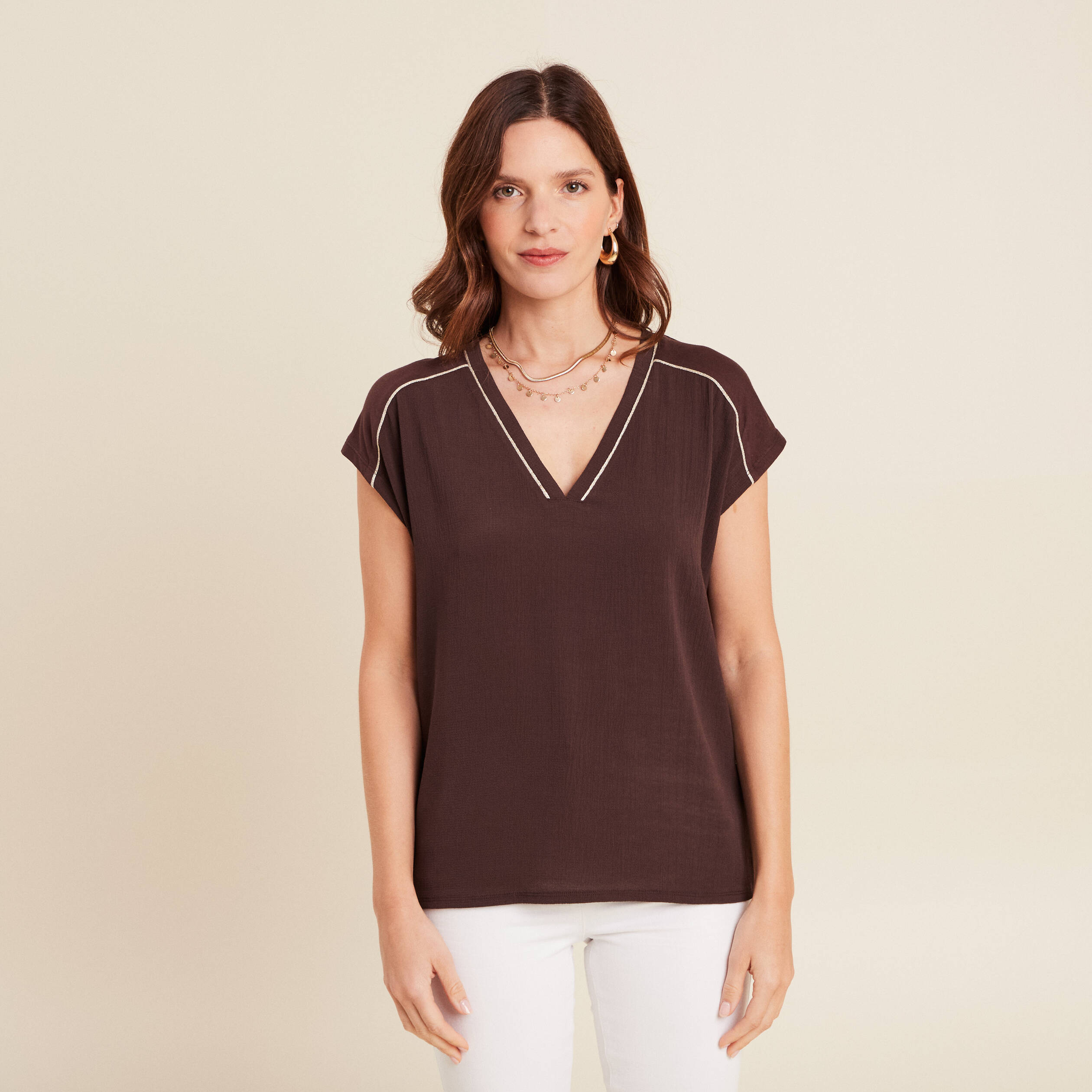 T-shirt manches courtes marron femme