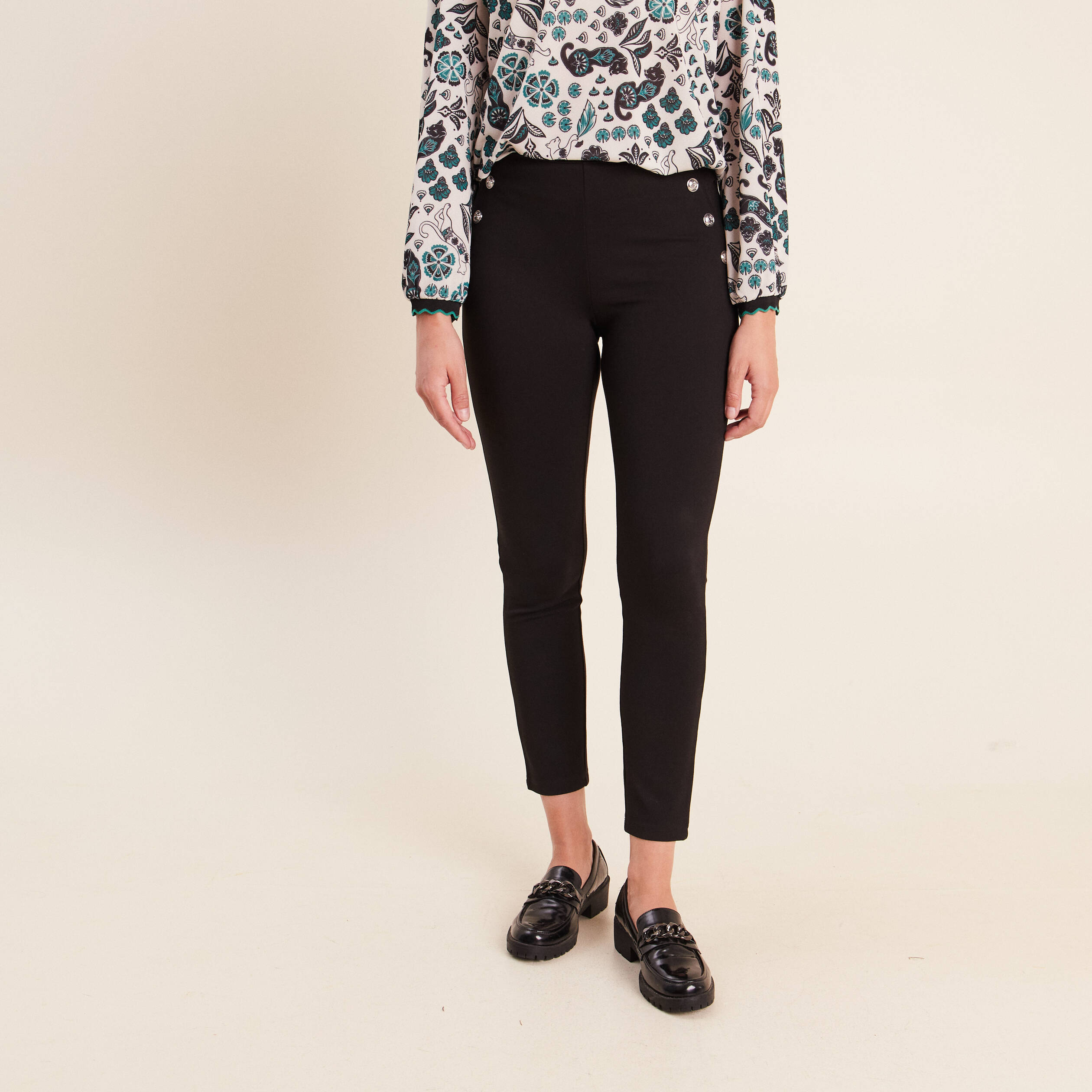 Legging 7/8&egrave;me taille bascul&eacute;e en maille noir femme