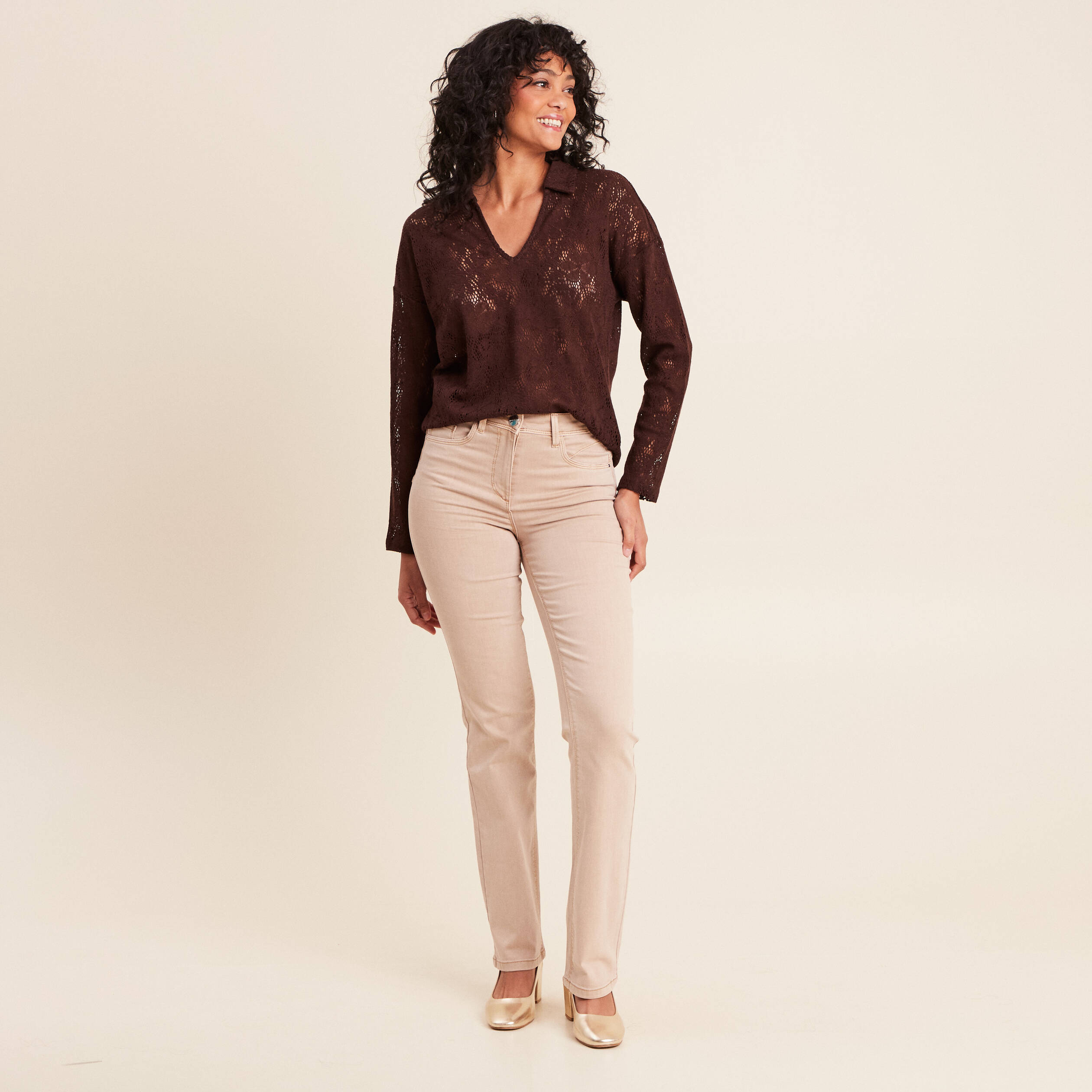Polo manches 3/4 aspect dentelle marron fonc&eacute; femme