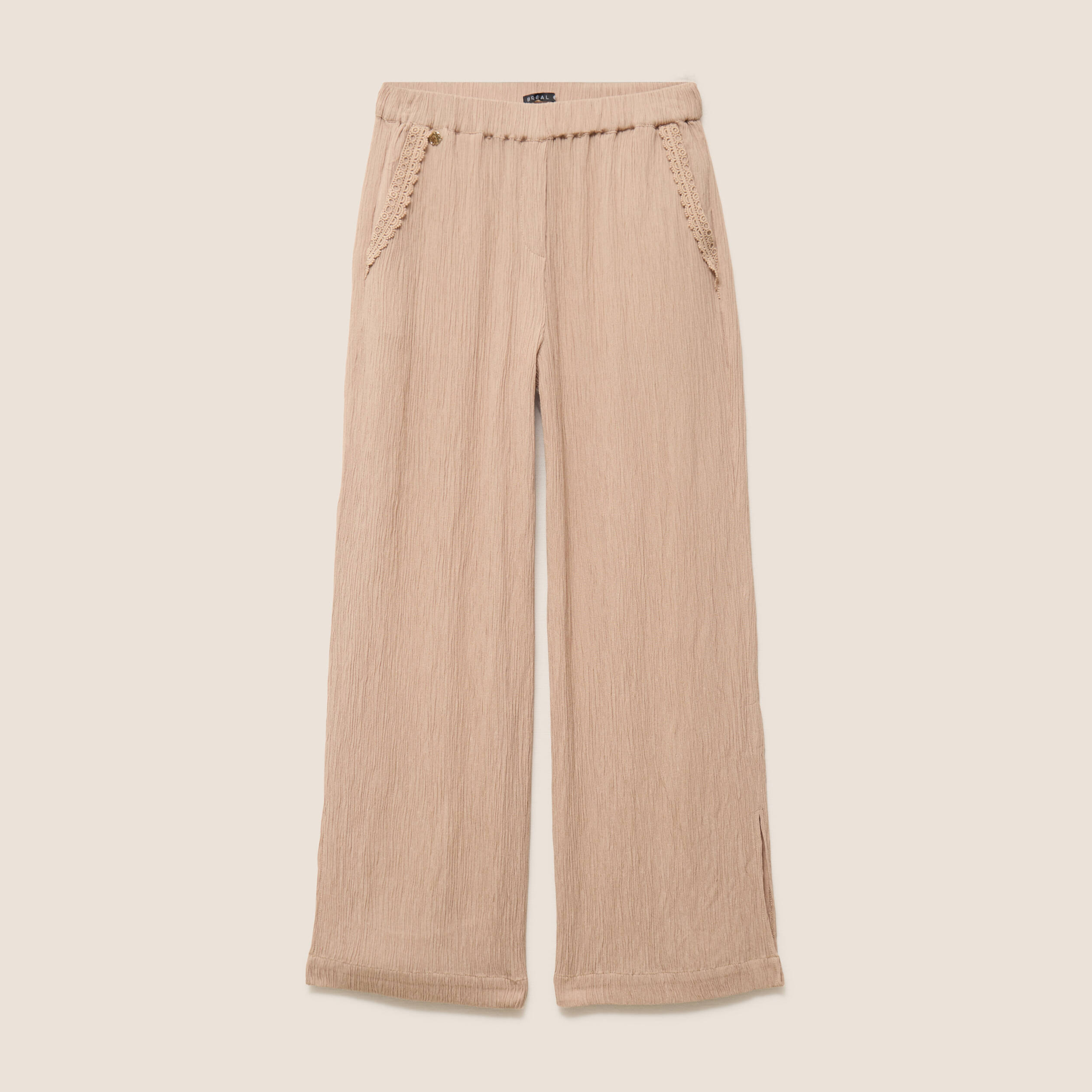 Pantalon large taille haute pliss&eacute; sable femme