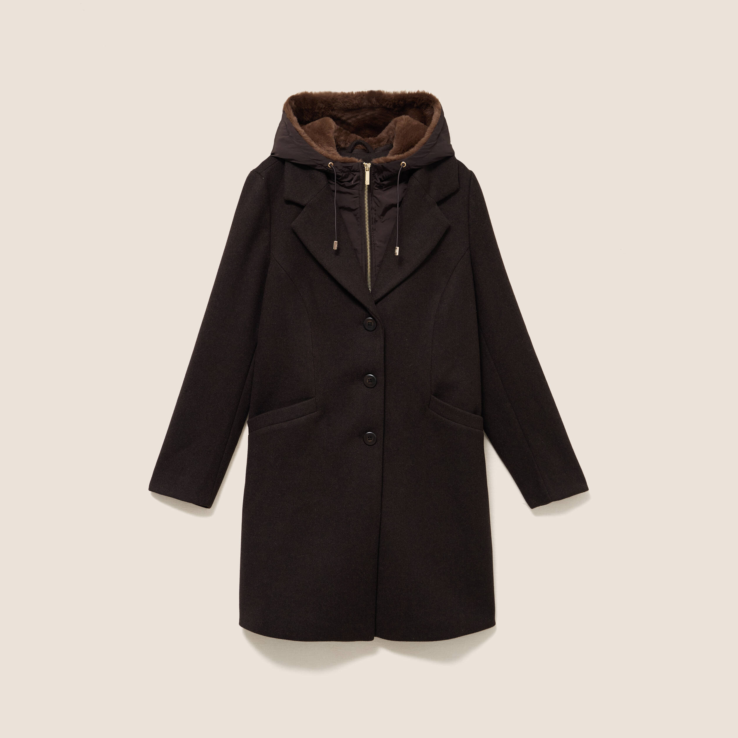 Manteau ajust&eacute; capuche amovible marron fonc&eacute; femme