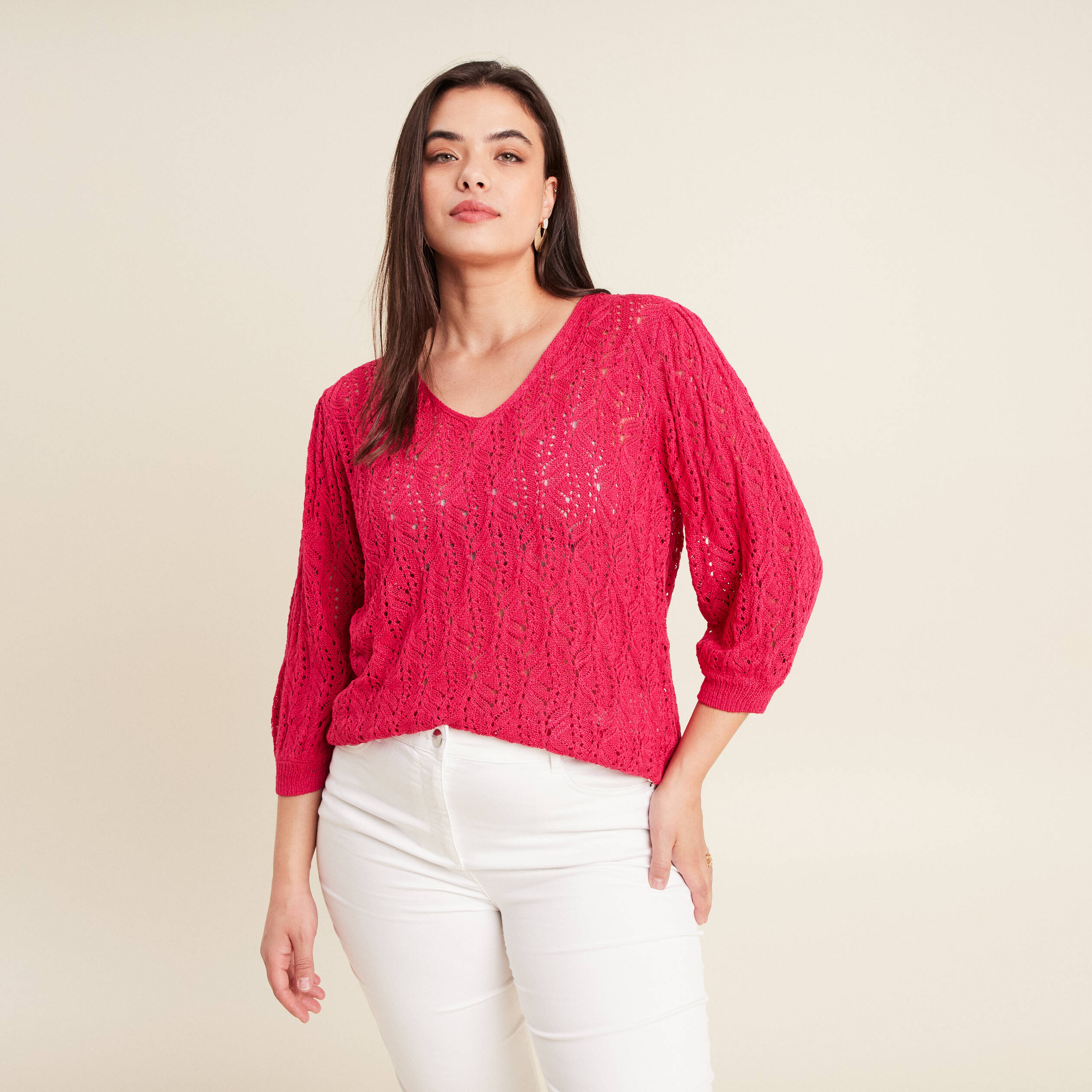 Pull manches 3/4 ajouré rose fushia femme