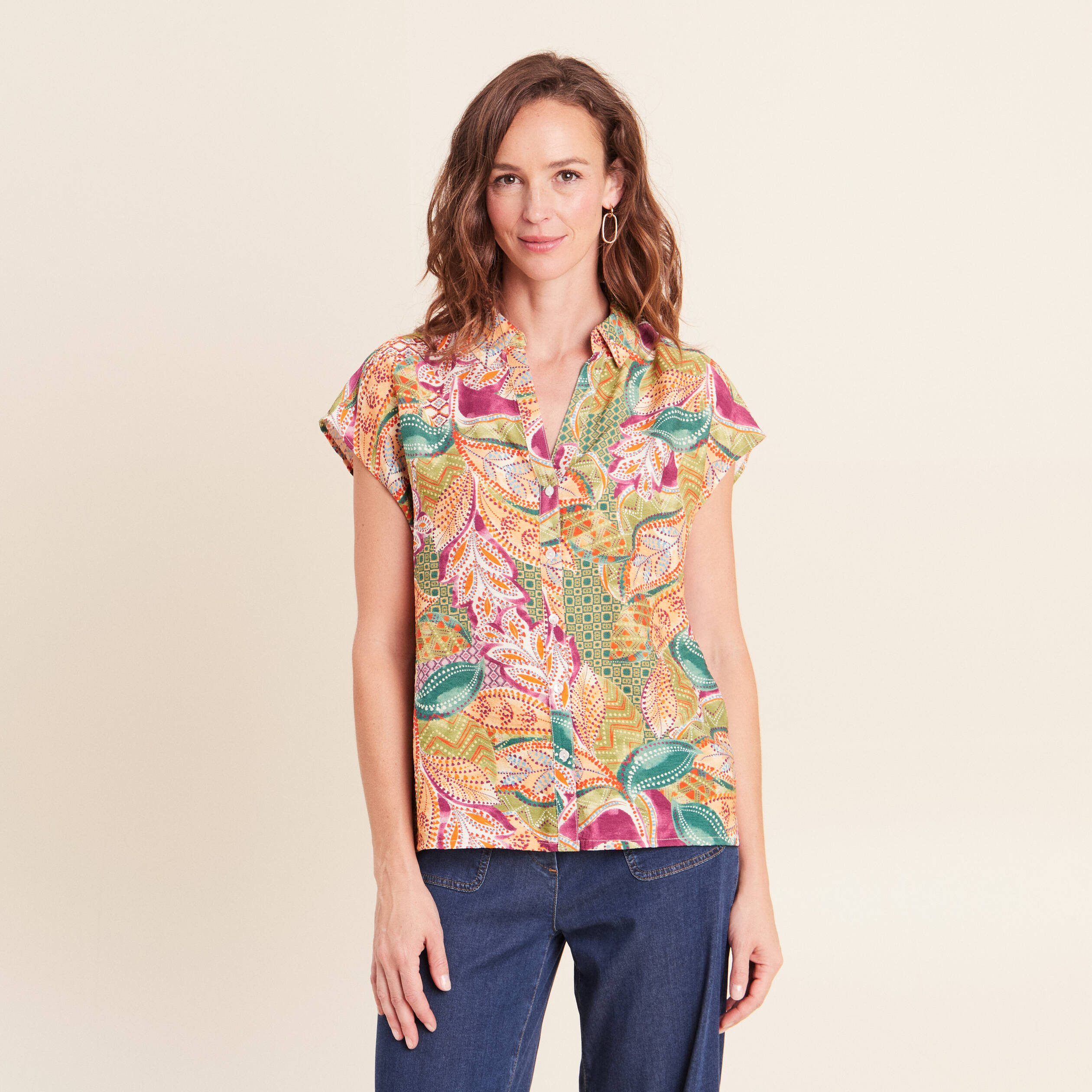 Chemise droite manches courtes orange femme