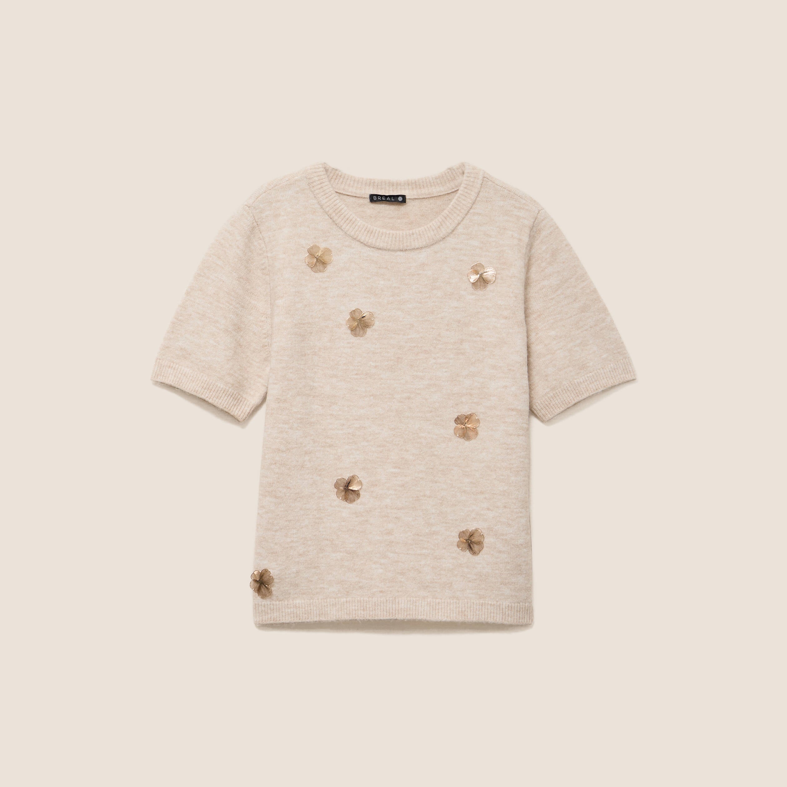 Pull manches courtes d&eacute;tails bijout&eacute;s beige femme
