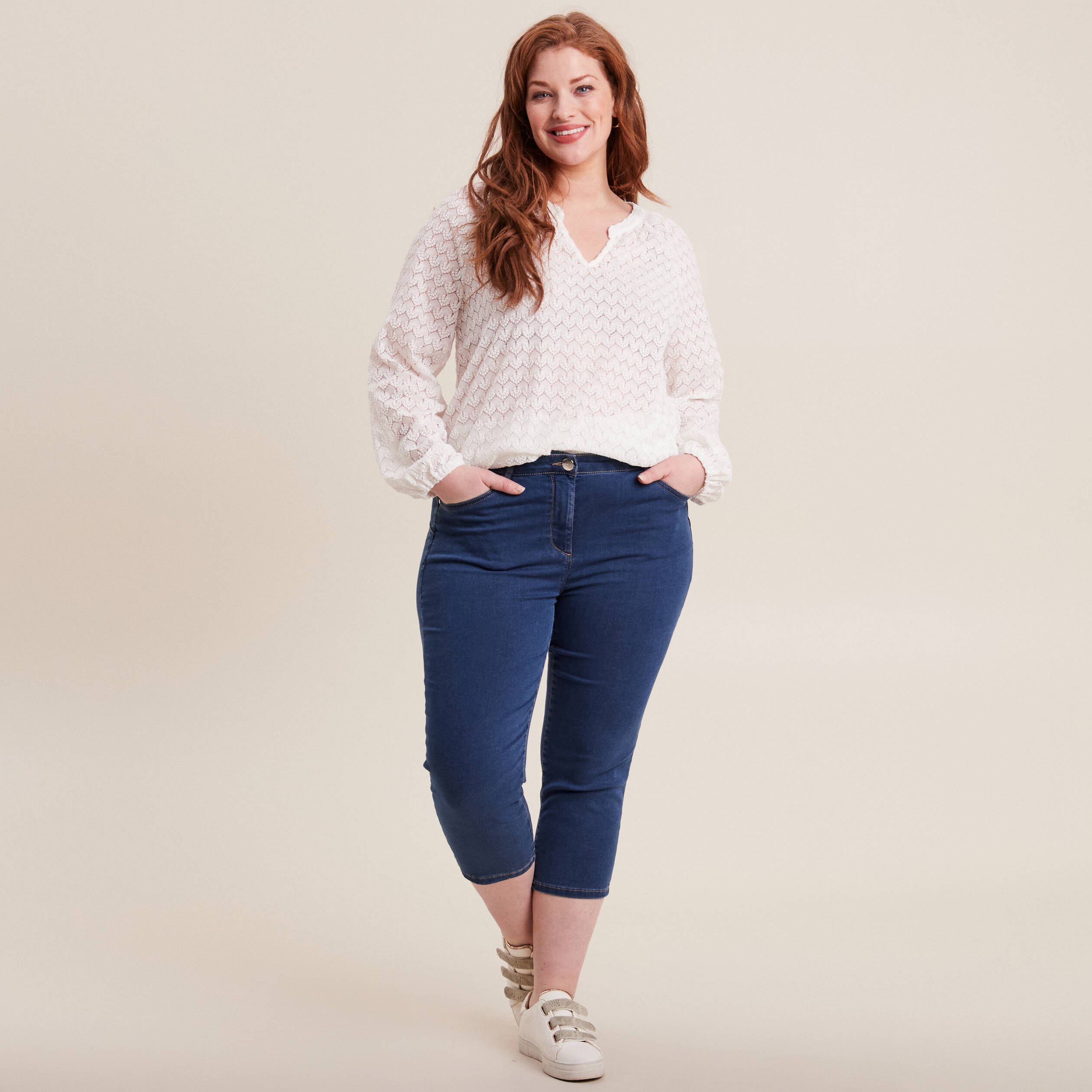 Pantacourt droit taille standard denim double stone femme