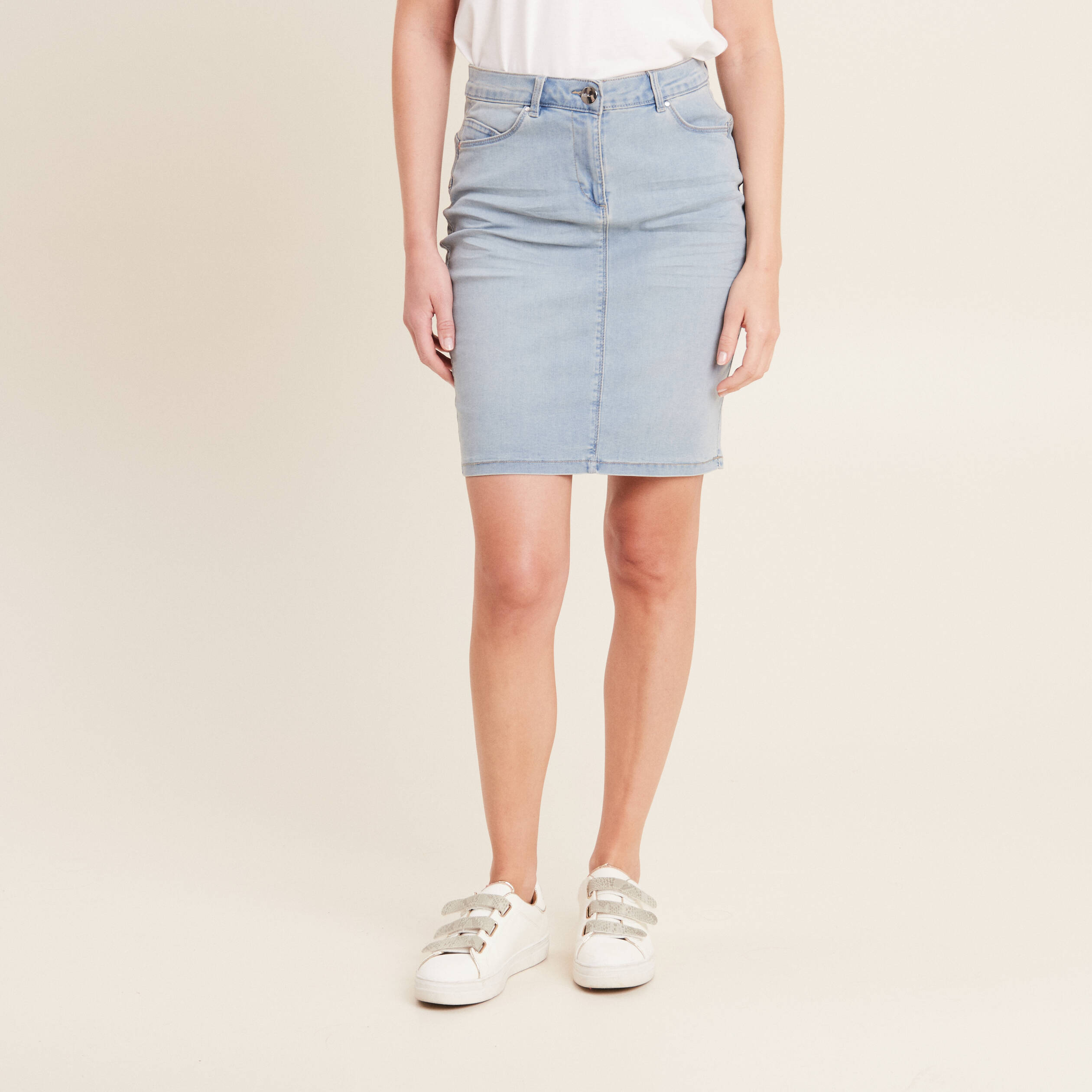 Jupe droite denim double stone femme