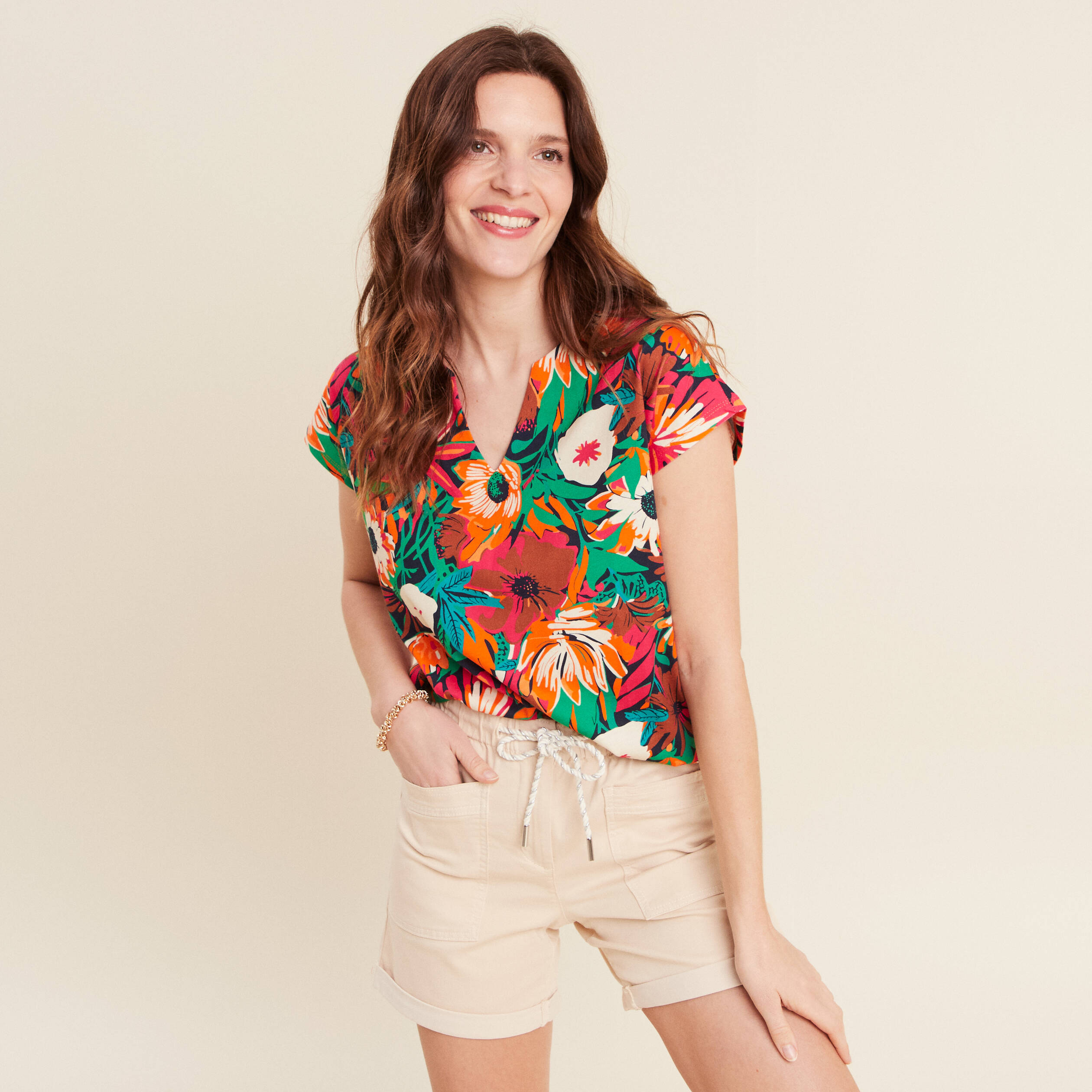 Top droit col tunisien bleu foncé femme