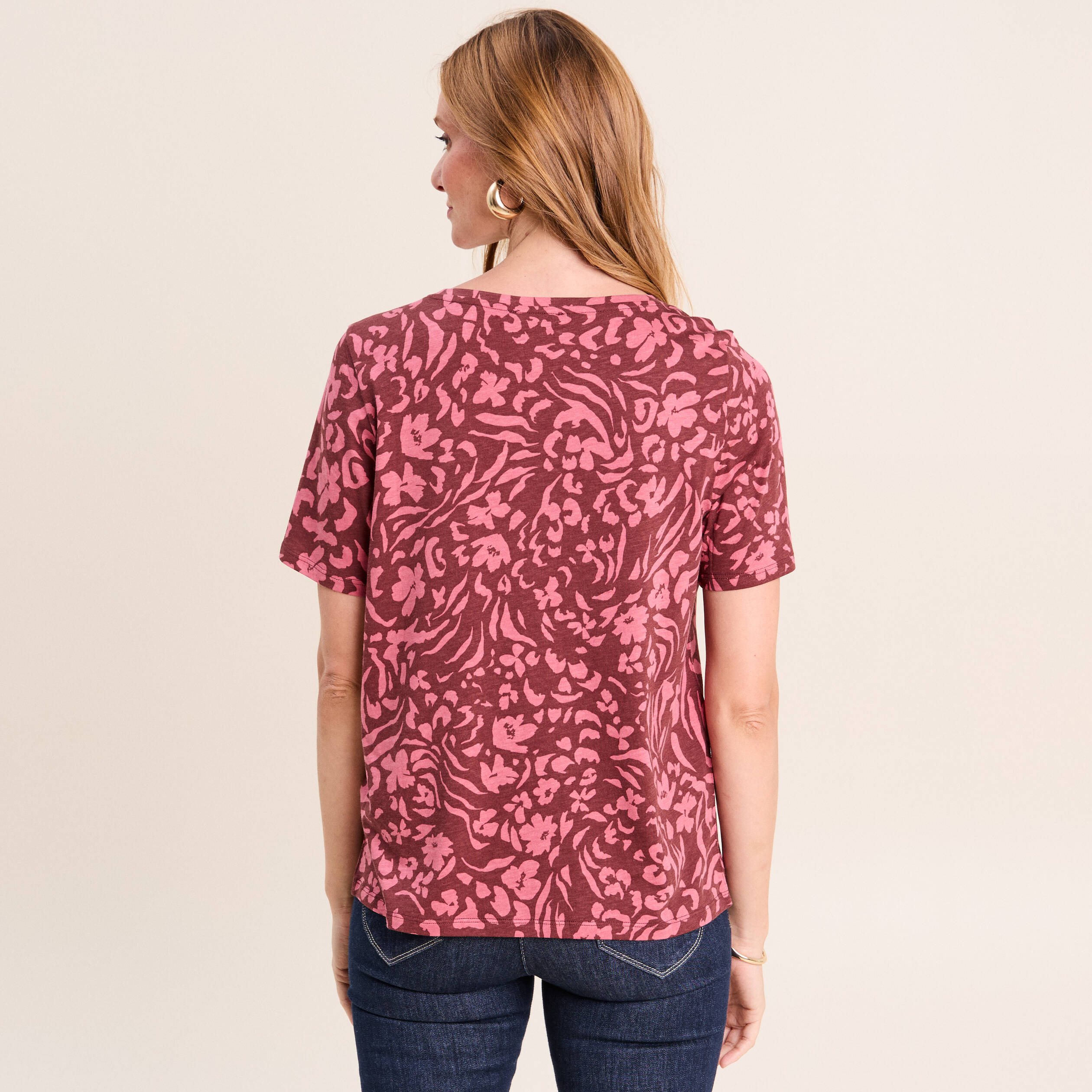 T-shirt col V manches courtes rose femme