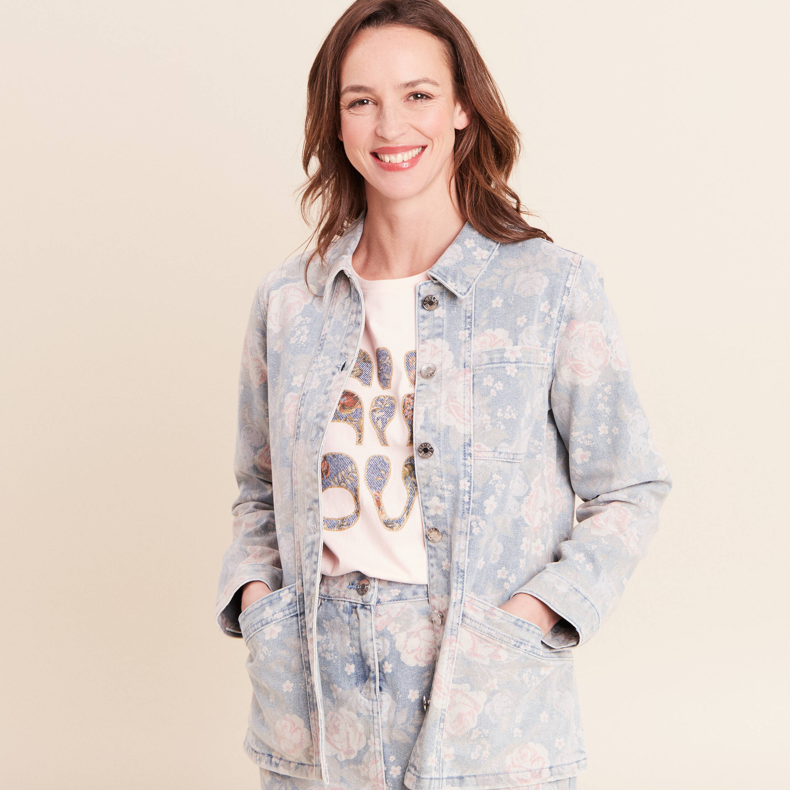Veste longue droite manches longues rose femme