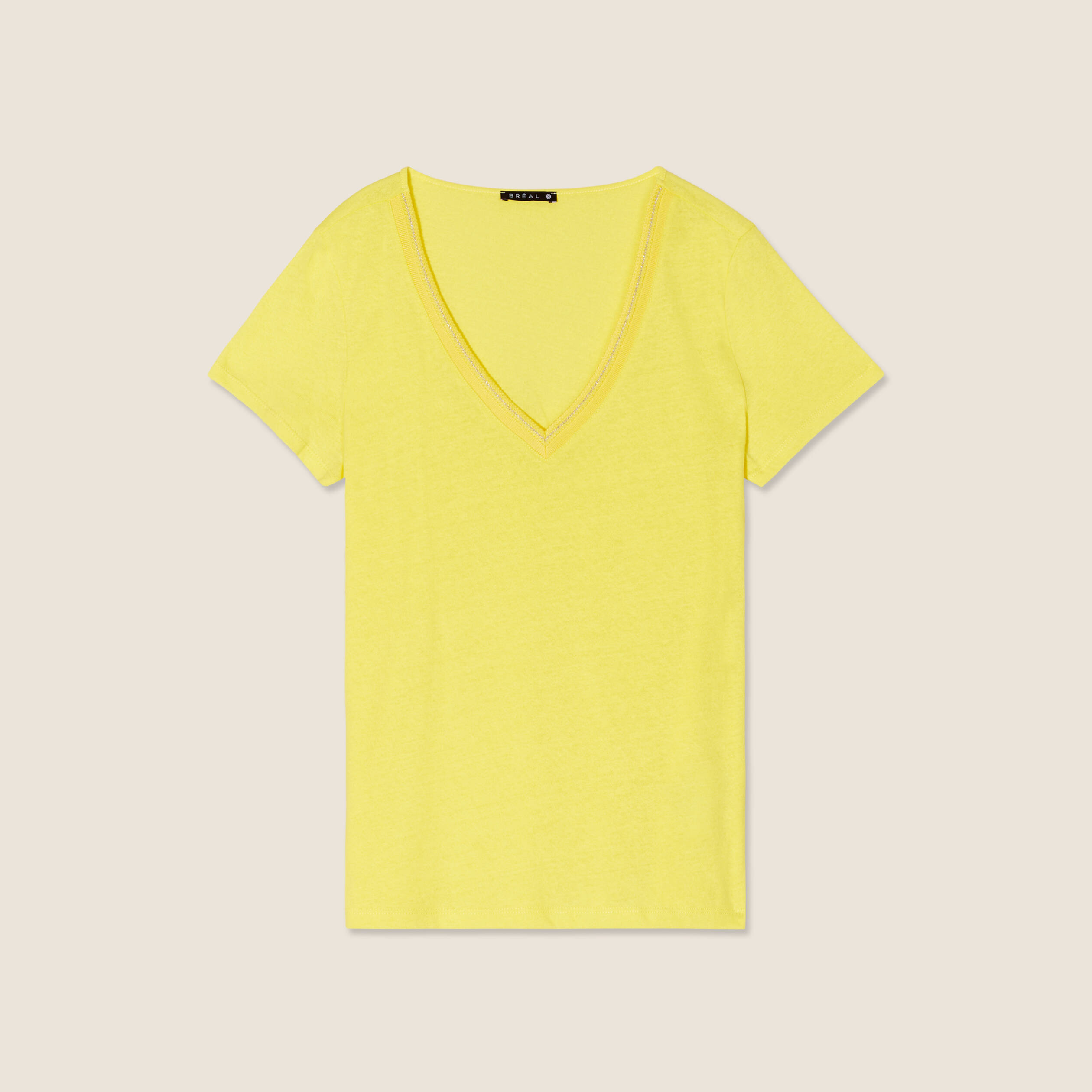 T-shirt manches courtes col en V jaune femme