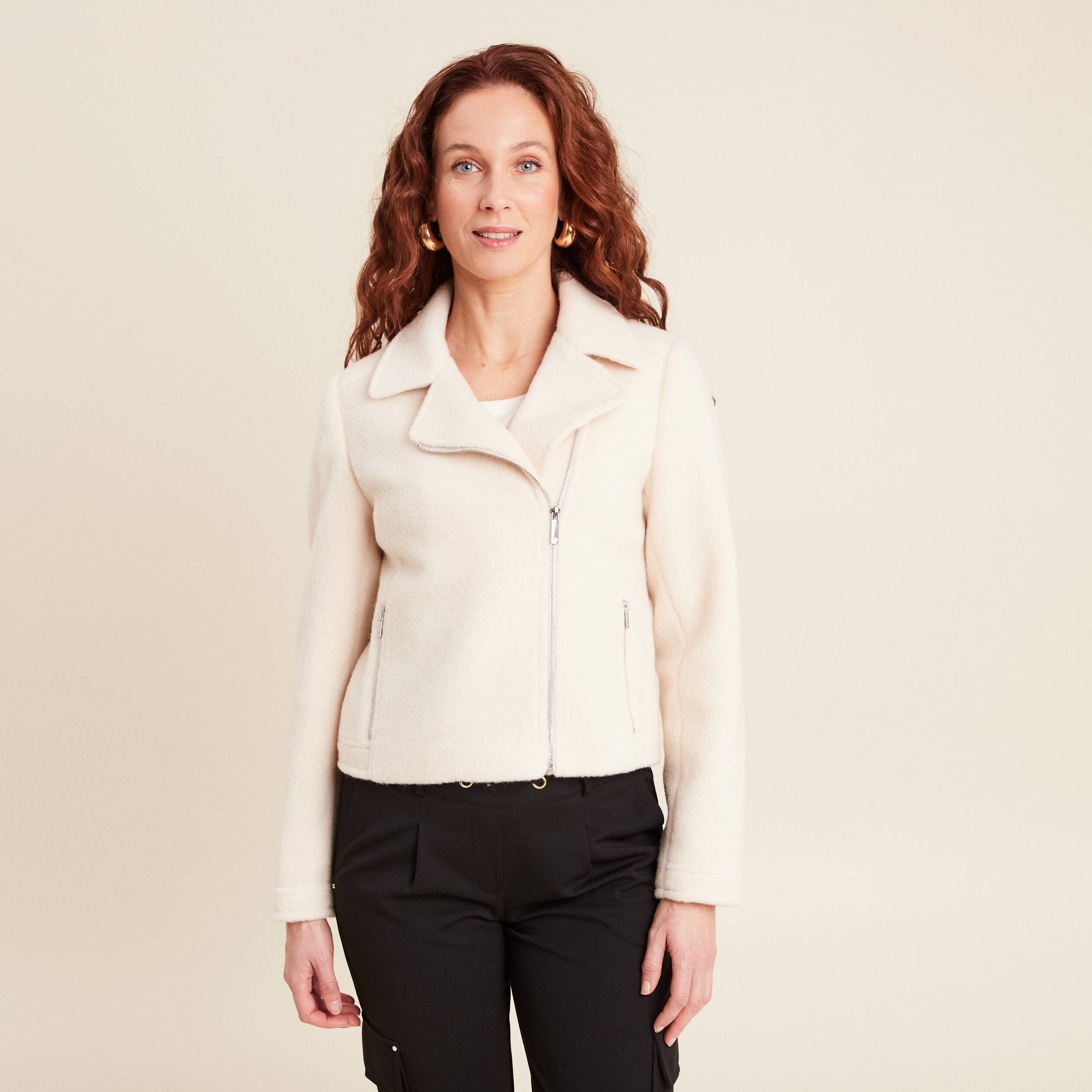 Veste esprit motard bouclette ecru femme