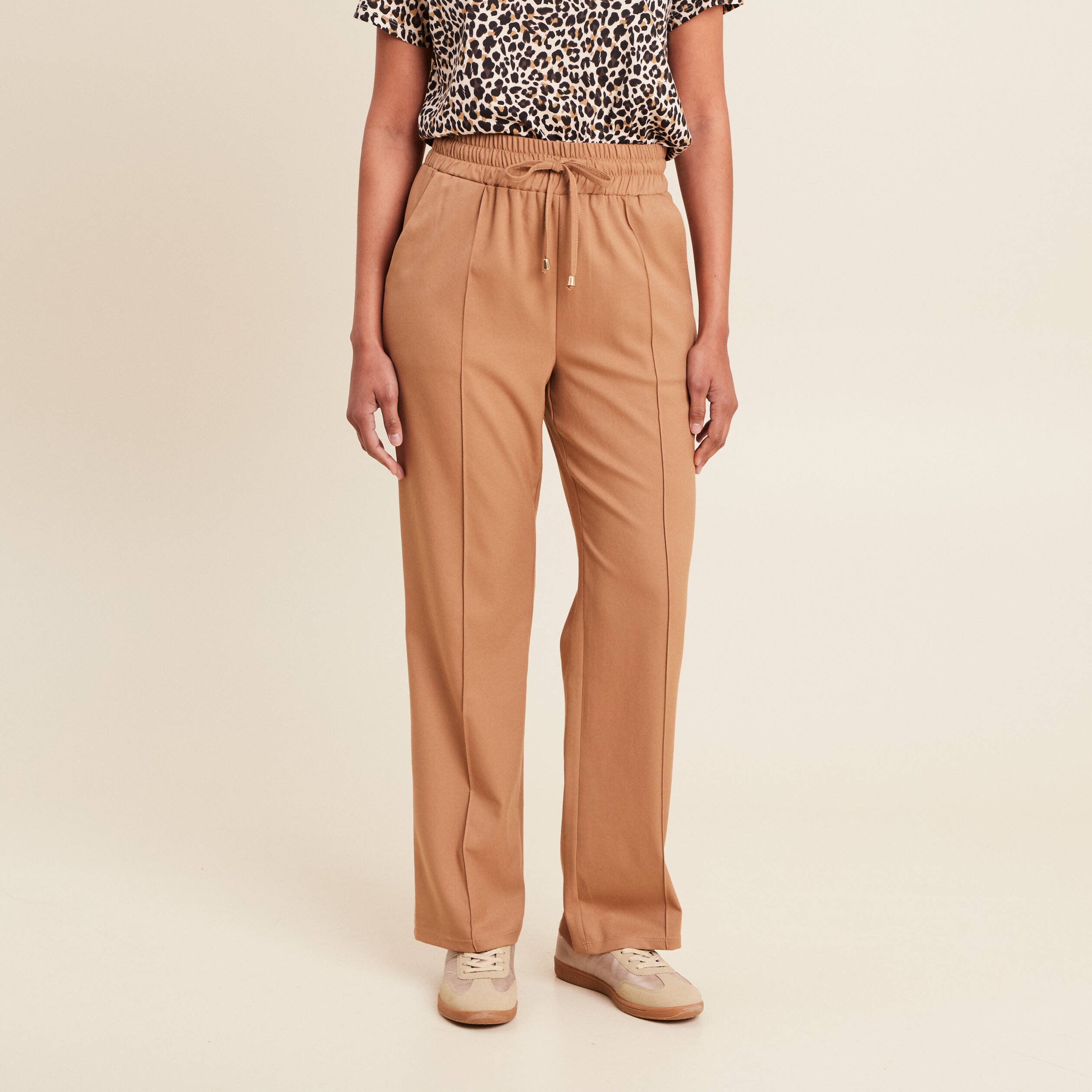 Pantalon droit taille haute camel femme