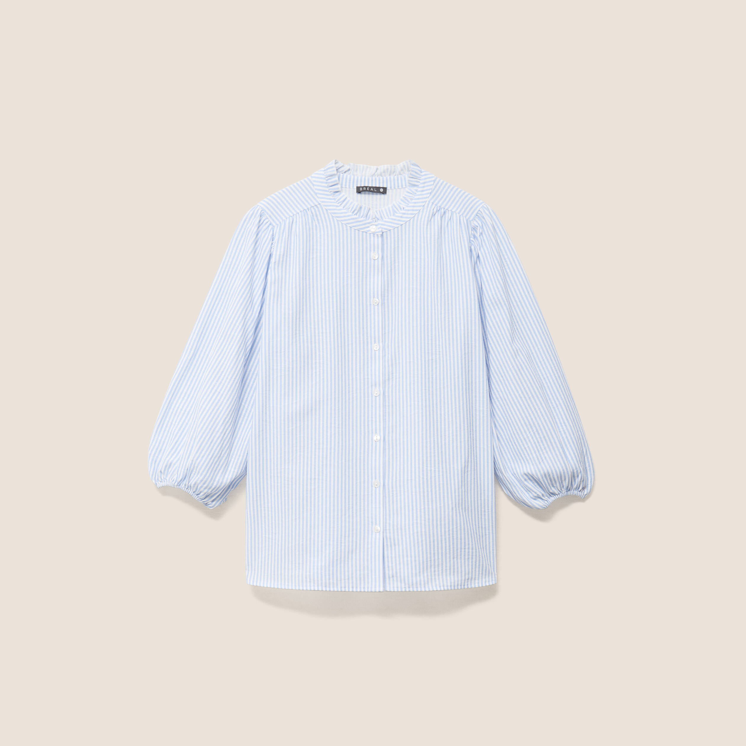 Chemise col montant manches 3/4 bleu femme