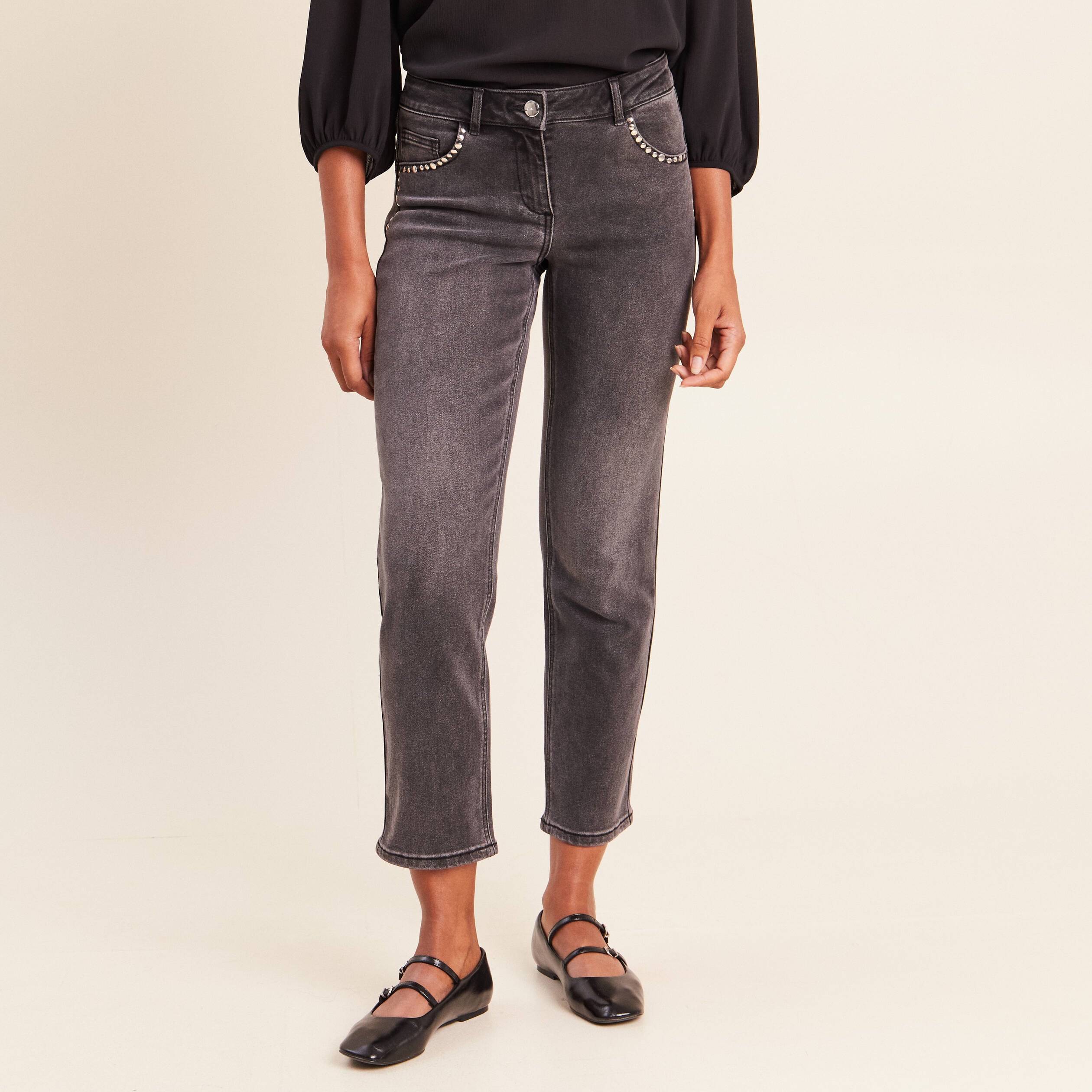 Jean droit 7/8&egrave;me taille bascul&eacute;e denim gris femme