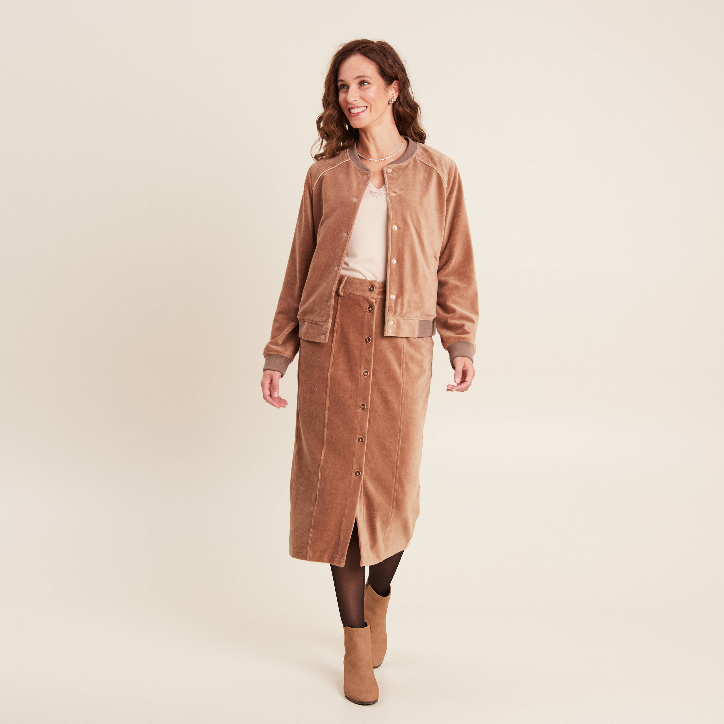 Jupe longue droite velours marron femme