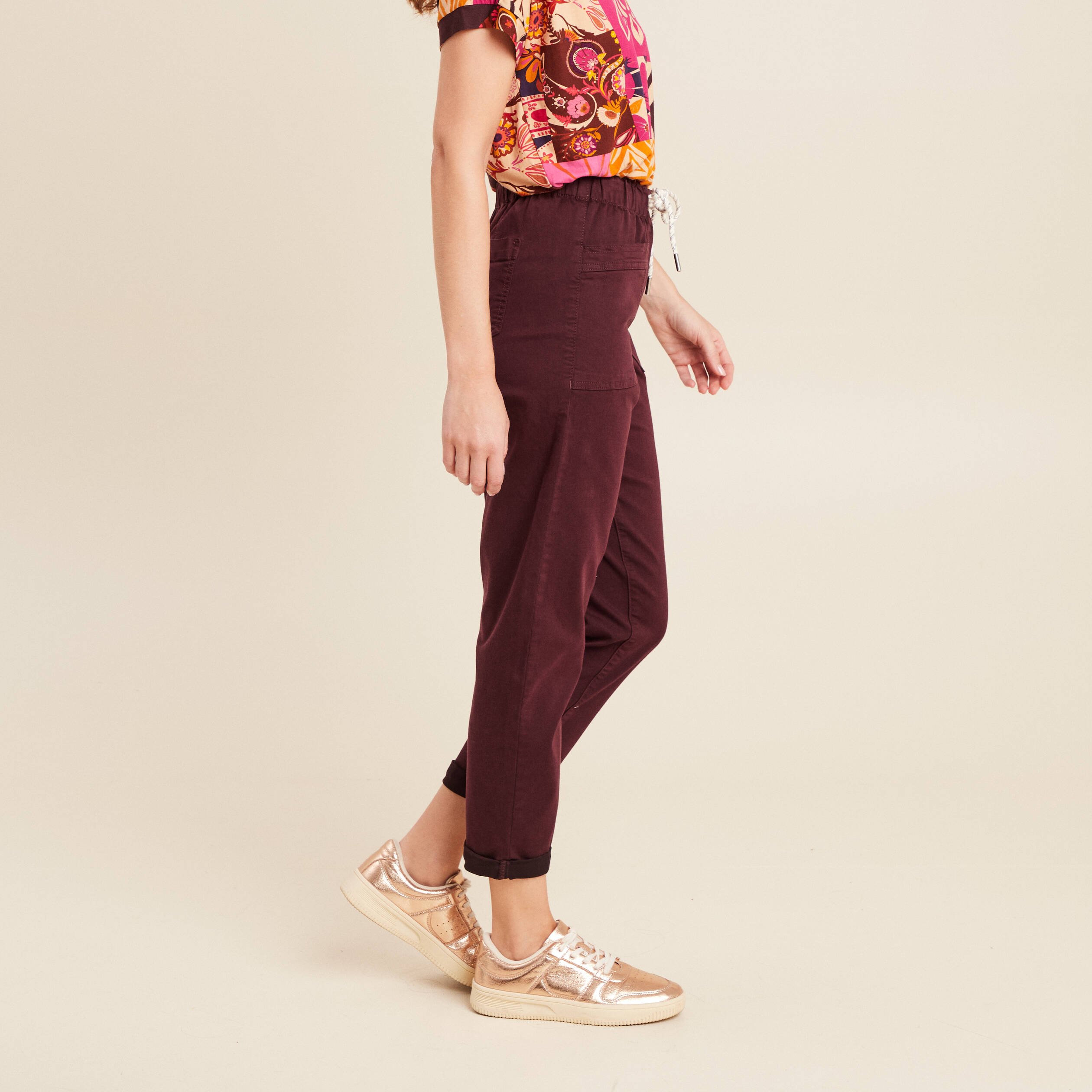 Pantalon coupe droite à coulisse bordeaux femme
