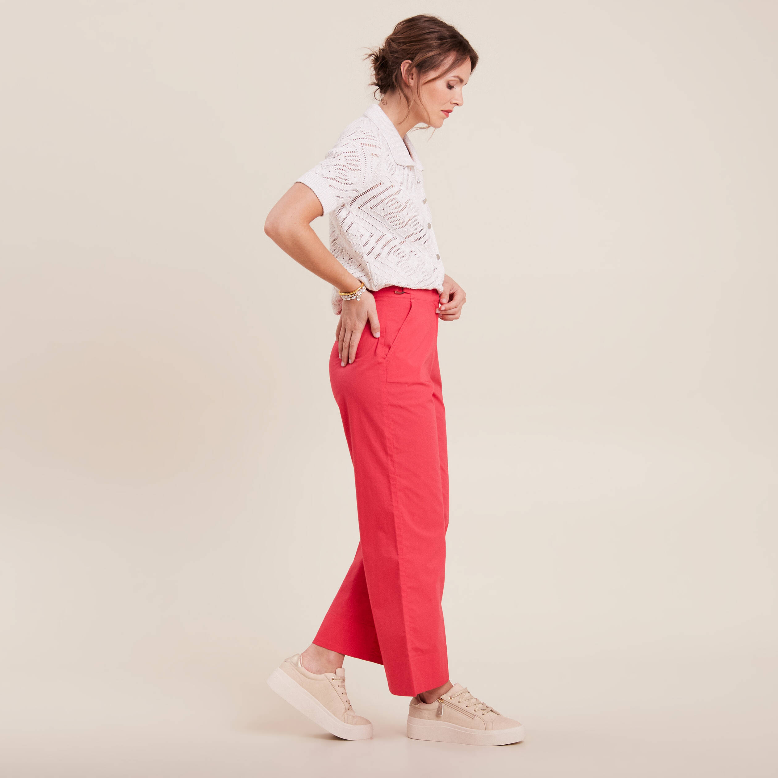 Pantalon flou ceintur&eacute; 7/8&egrave;me rose cerise femme
