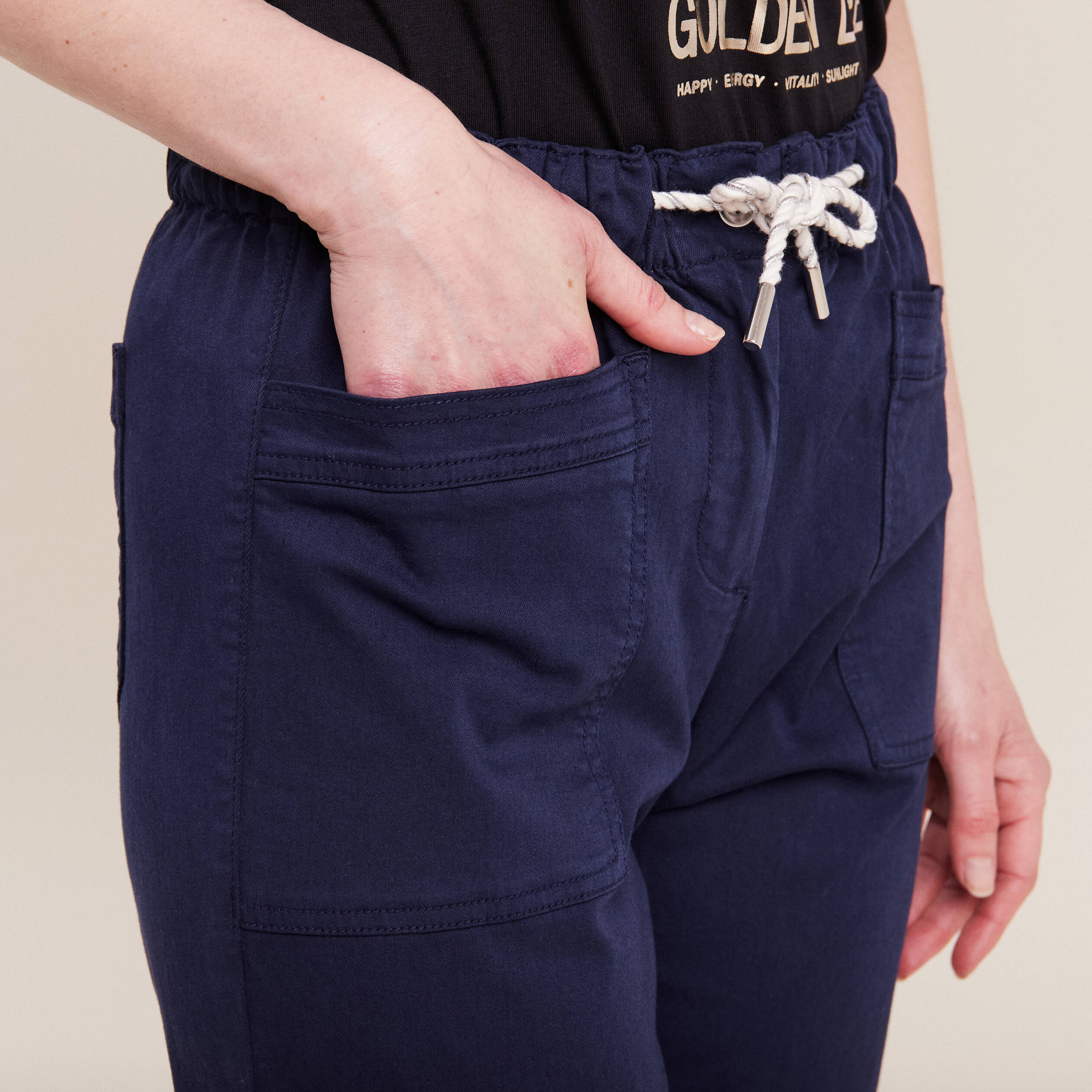Pantalon coupe droite à coulisse bleu marine femme