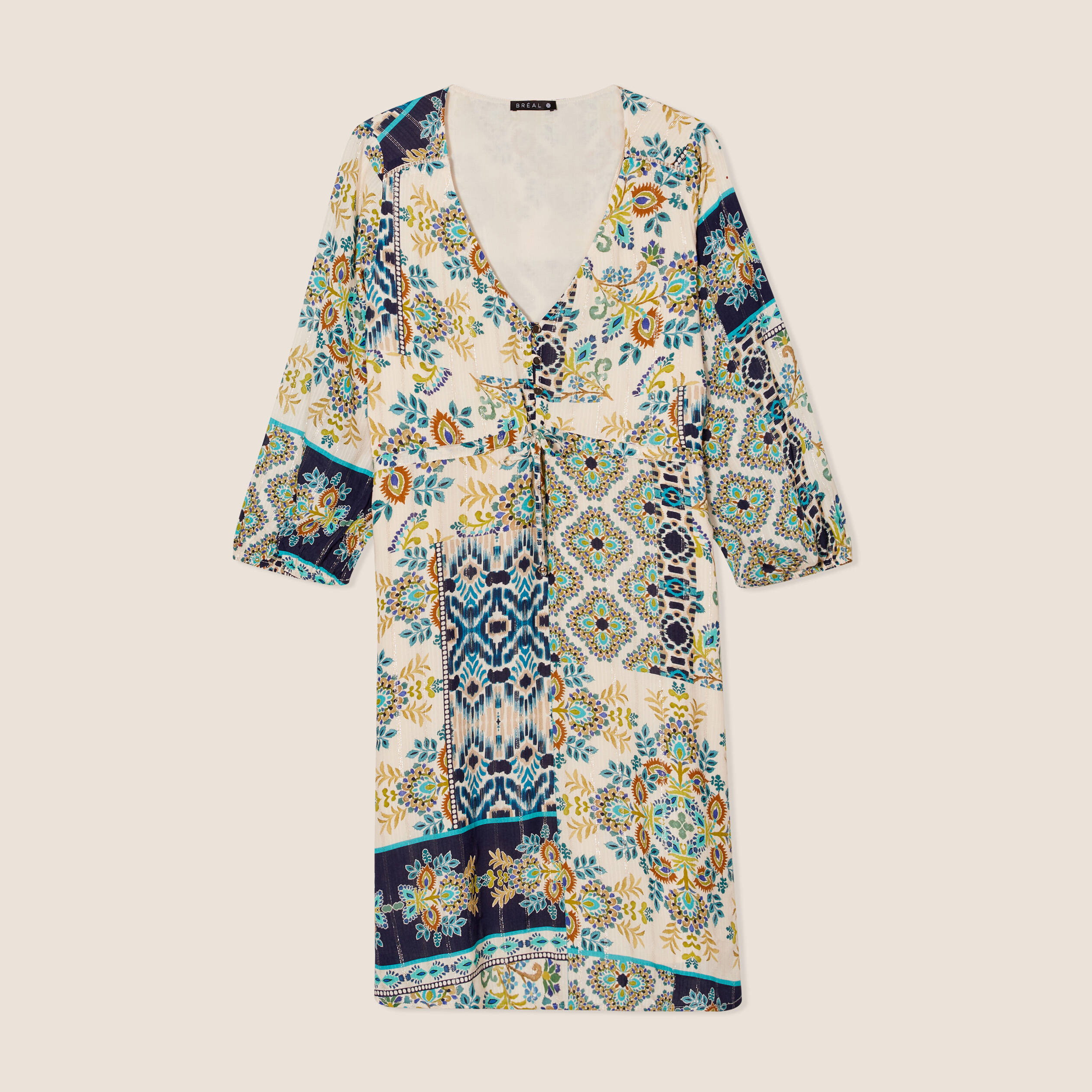 Robe évasée fluide manches 3/4 bleu femme