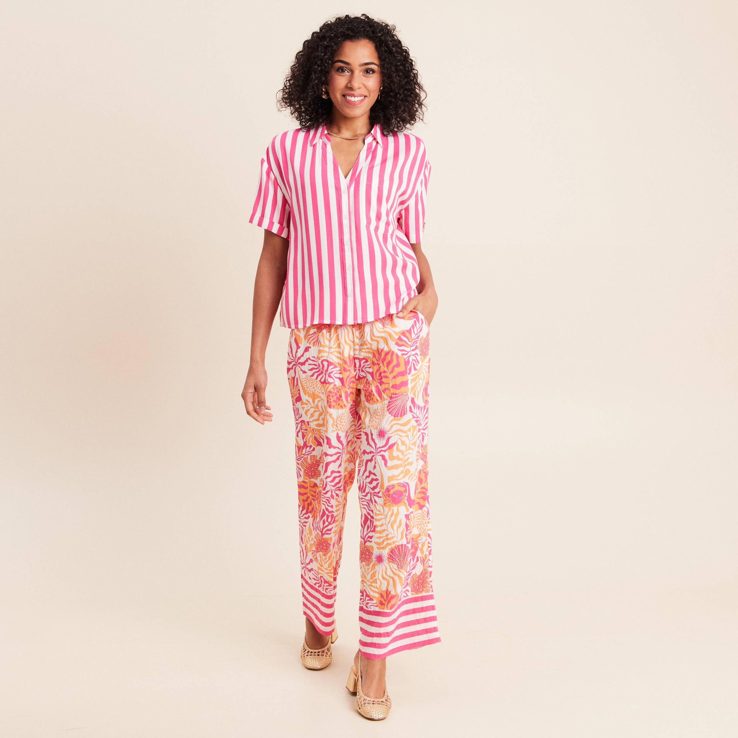 Pantalon fluide et large taille haute rose corail femme